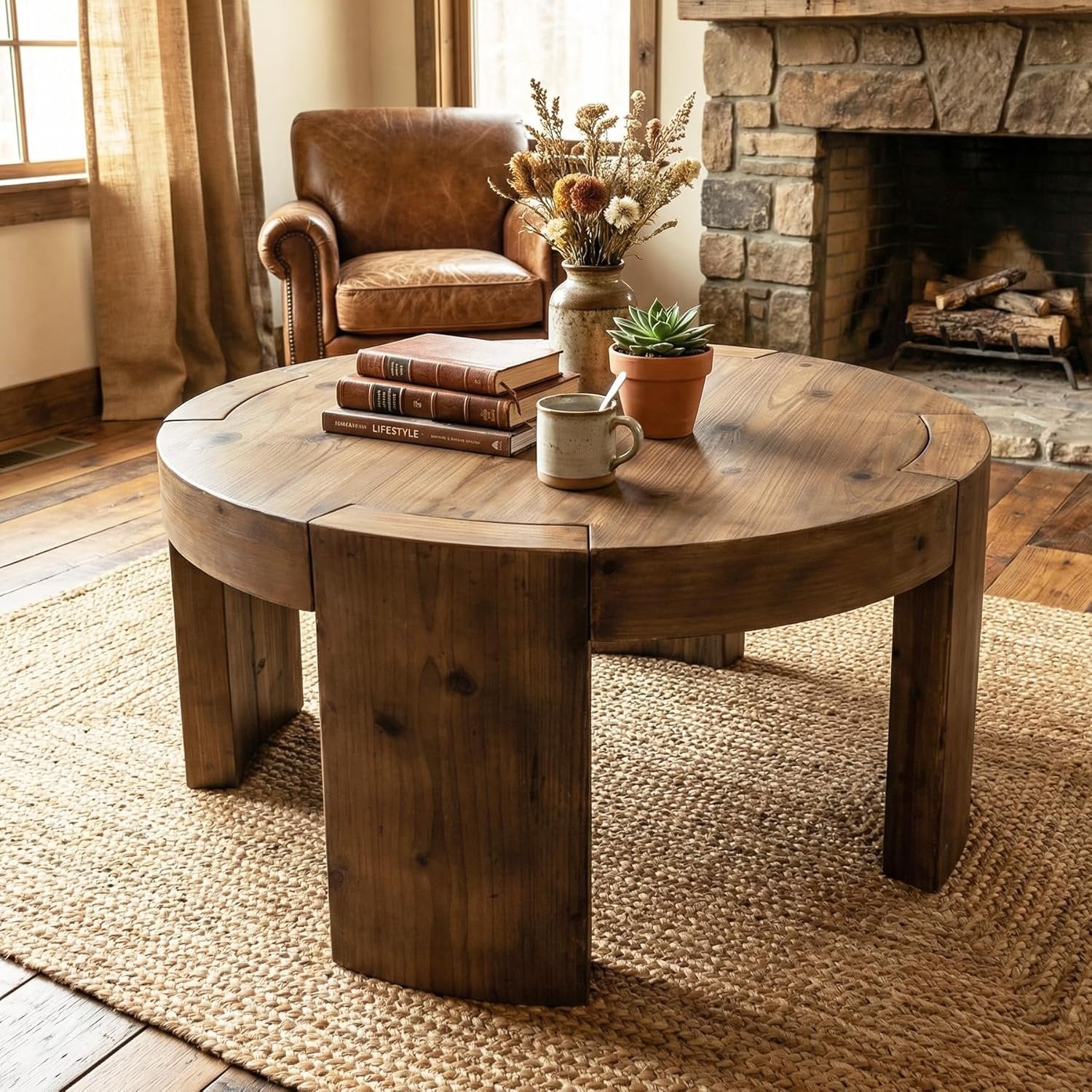 31.5" Round Coffee Table, Solid Wood Farmhouse Center Cocktail Tea Table for Living Room