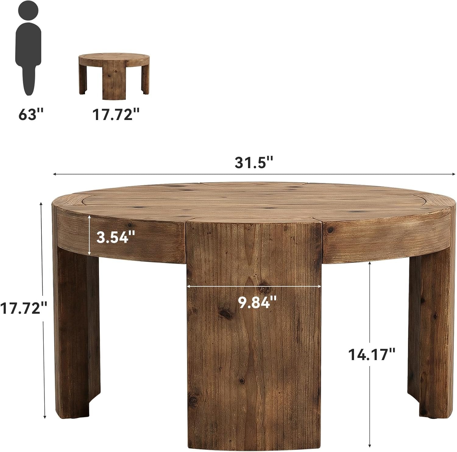 31.5" Round Coffee Table, Solid Wood Farmhouse Center Cocktail Tea Table for Living Room