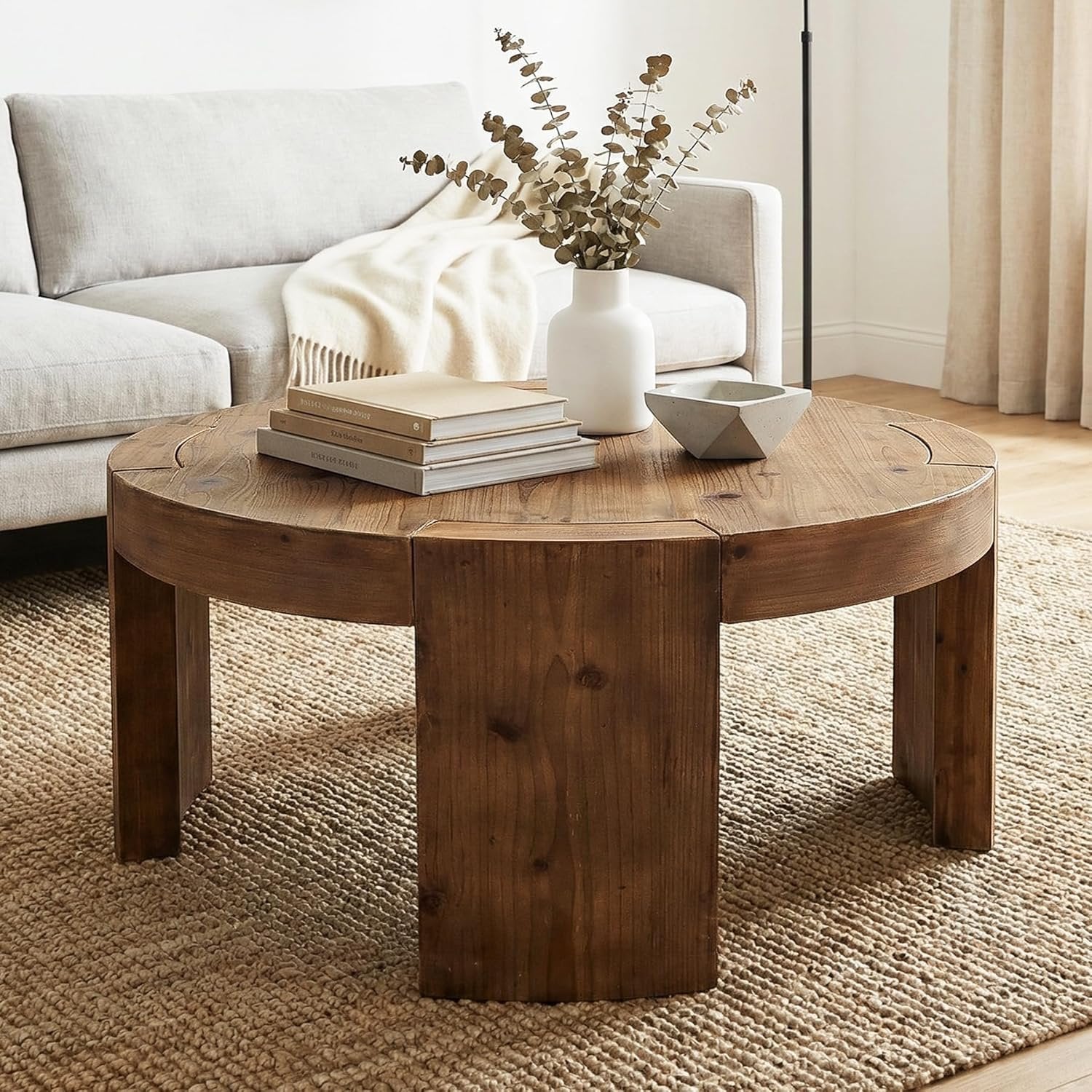 31.5" Round Coffee Table, Solid Wood Farmhouse Center Cocktail Tea Table for Living Room