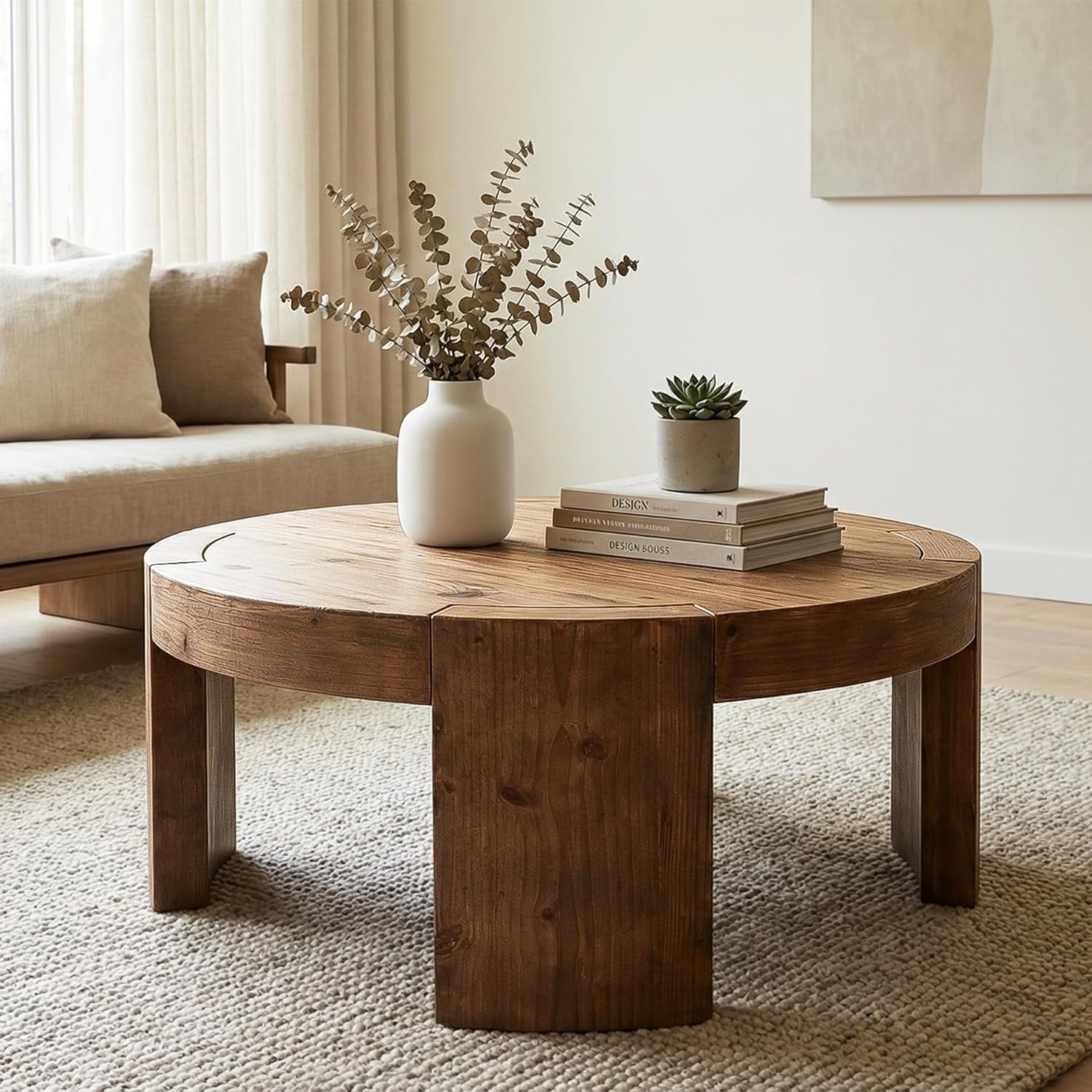 31.5" Round Coffee Table, Solid Wood Farmhouse Center Cocktail Tea Table for Living Room