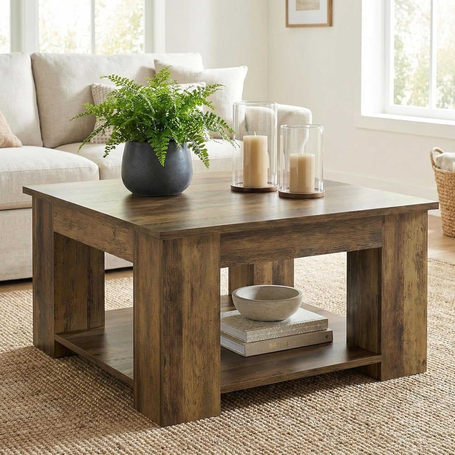 31.5" Square Coffee Table, 2-Tier Center Table Cocktail Tea Furniture for Living Room