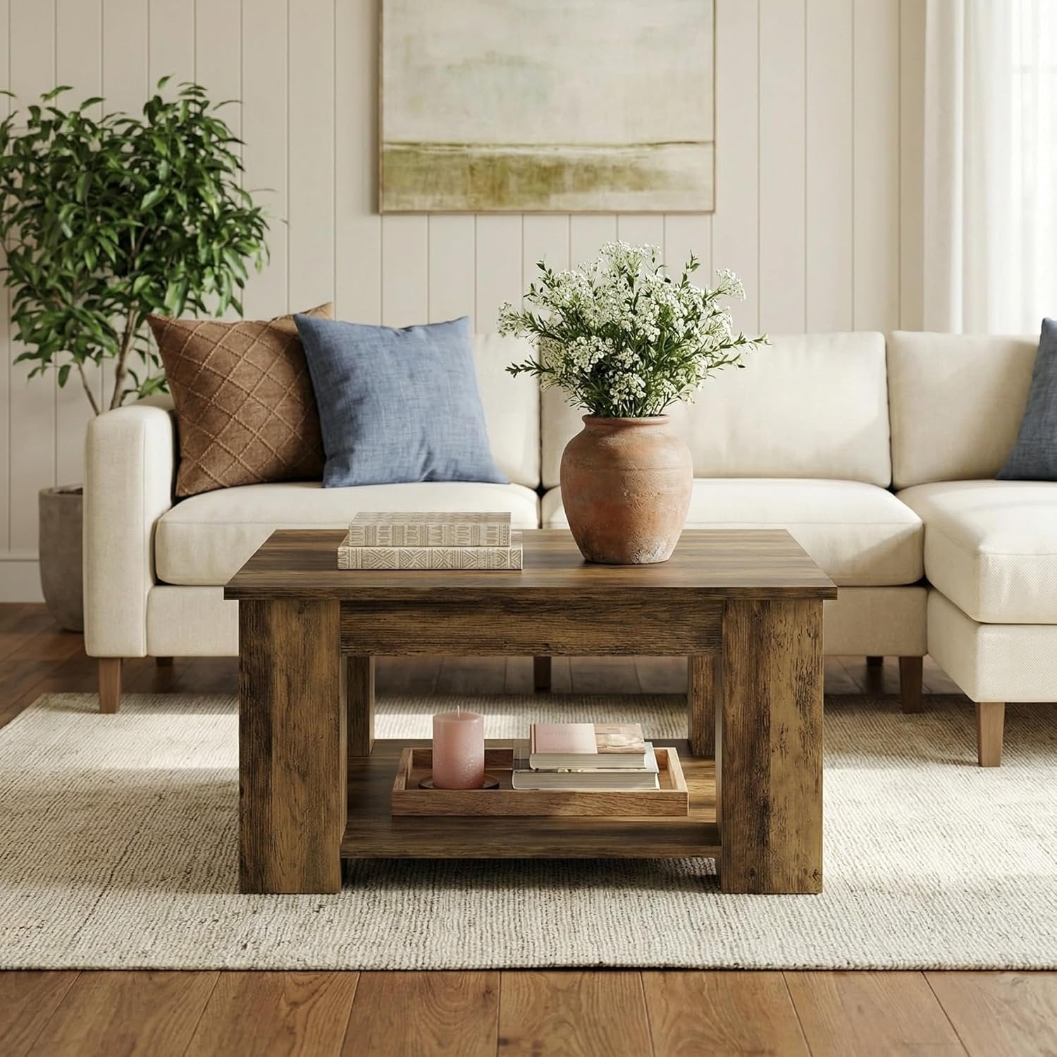 31.5" Square Coffee Table, 2-Tier Center Table Cocktail Tea Furniture for Living Room