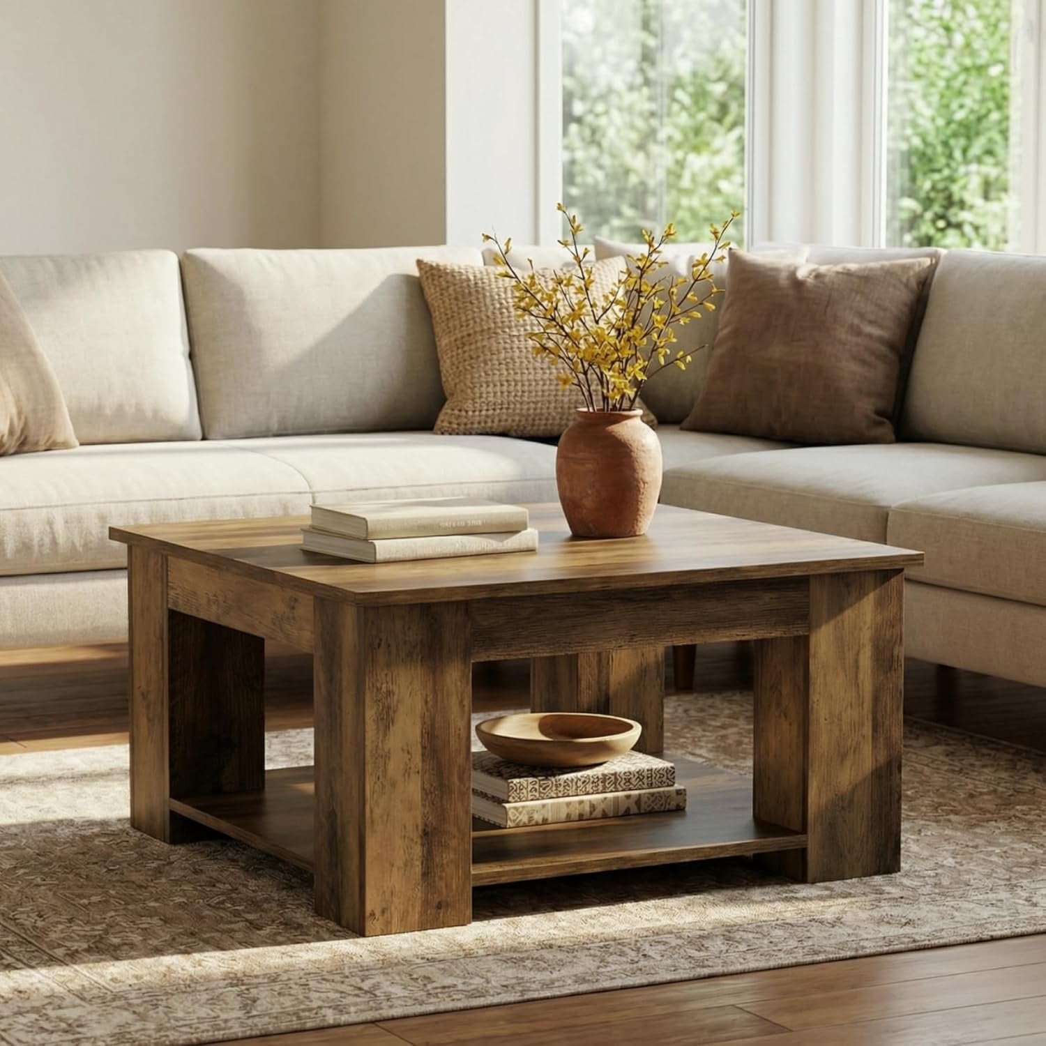 31.5" Square Coffee Table, 2-Tier Center Table Cocktail Tea Furniture for Living Room