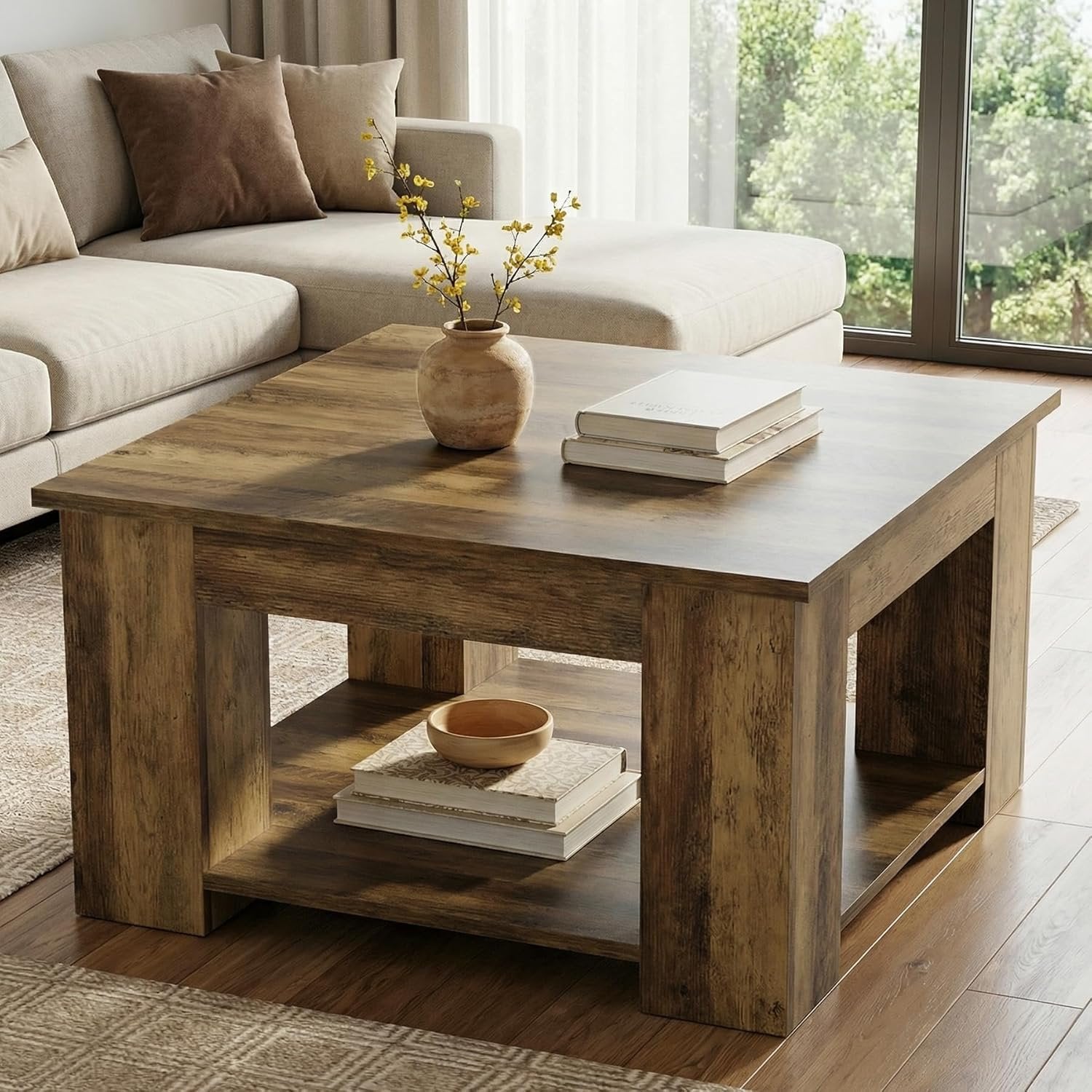 31.5" Square Coffee Table, 2-Tier Center Table Cocktail Tea Furniture for Living Room