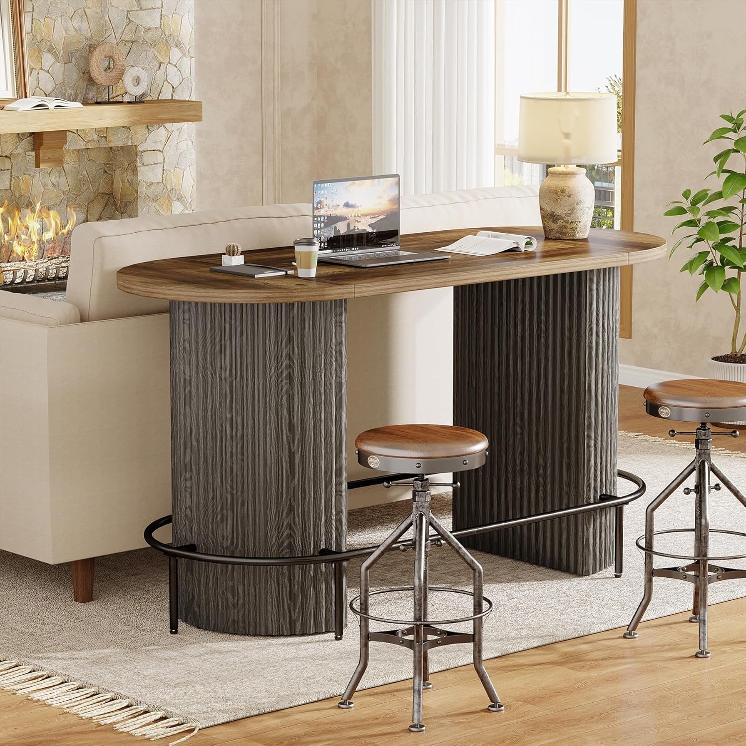 Modern Bar Table, Oval Counter Height Pub Dining Table with Metal Footrest