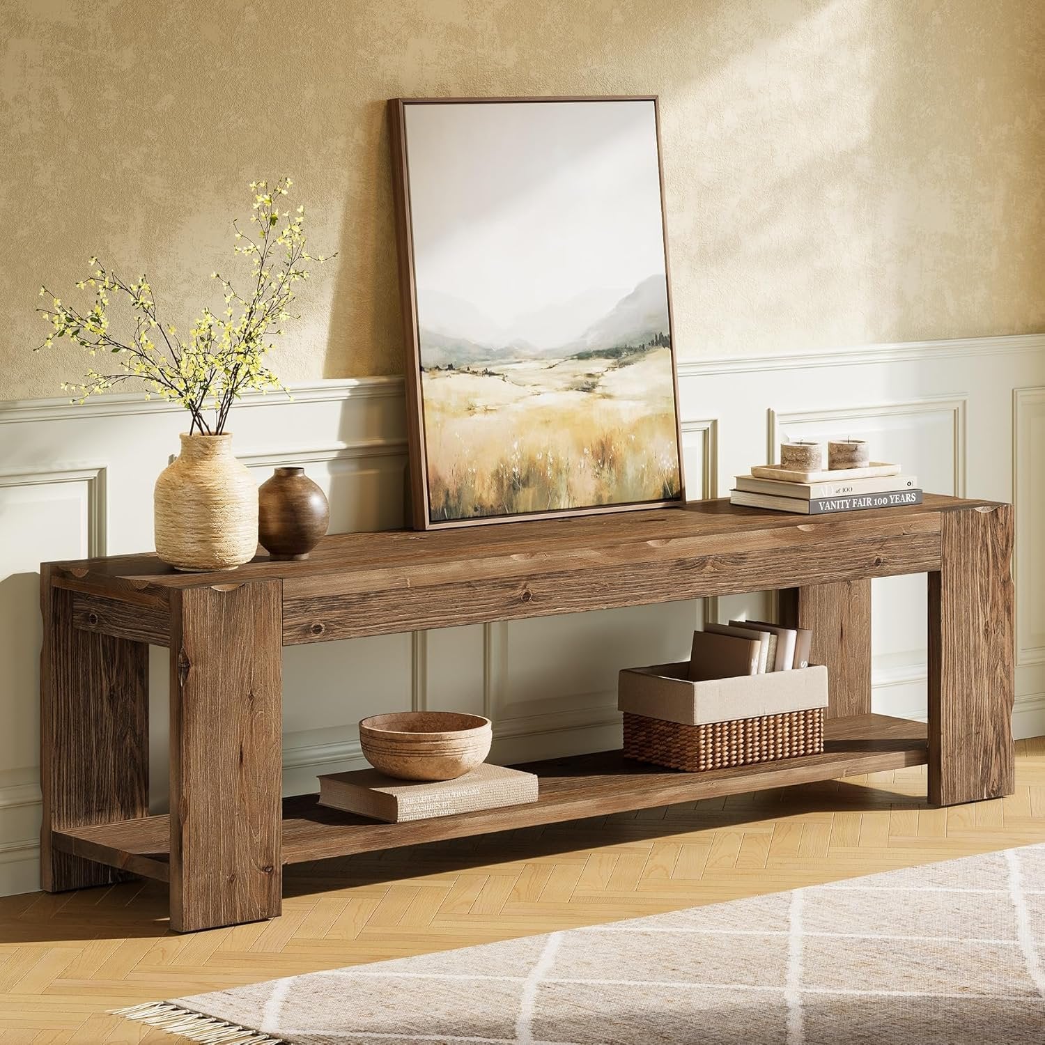 55" Solid Wood TV Stand, 2-Tier TV Console Media Stand for TVs up to 60"