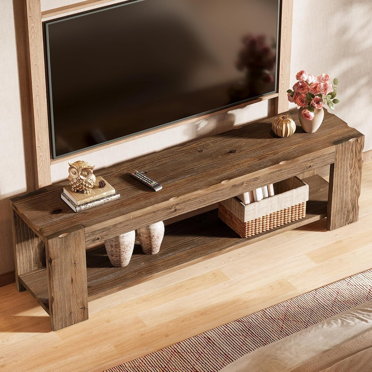 55" Solid Wood TV Stand, 2-Tier TV Console Media Stand for TVs up to 60"
