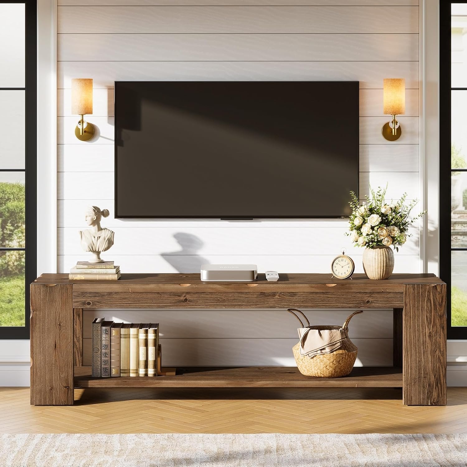 55" Solid Wood TV Stand, 2-Tier TV Console Media Stand for TVs up to 60"