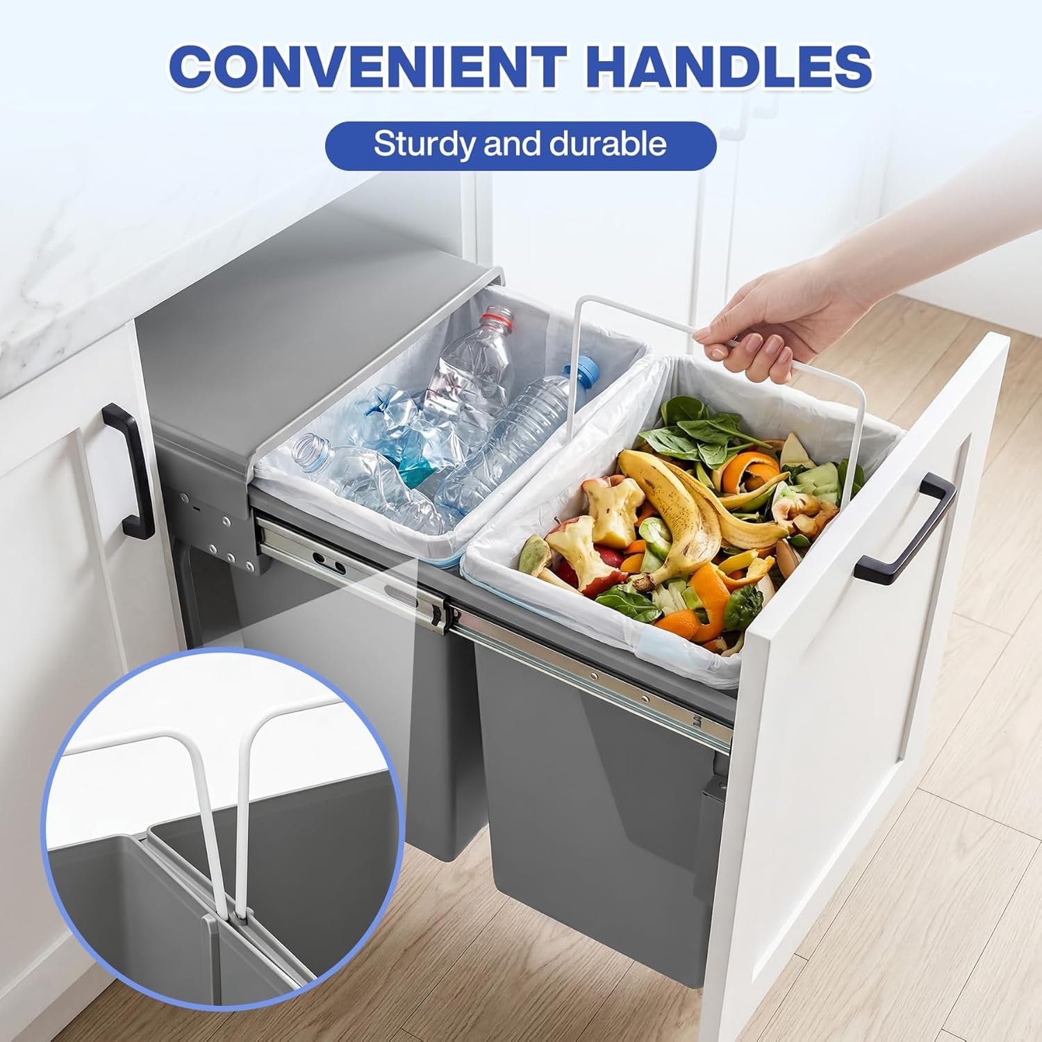 Double Pull Out Trash Can, Garbage for Under Kitchen Cabinets 44 Qt with Soft-Close Slides