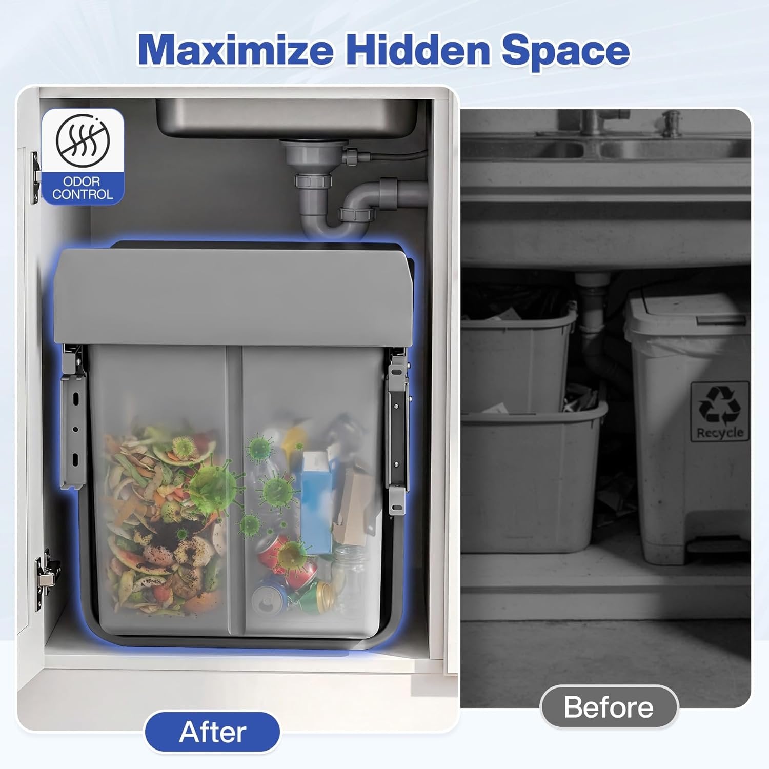 Double Pull Out Trash Can, Garbage for Under Kitchen Cabinets 44 Qt with Soft-Close Slides