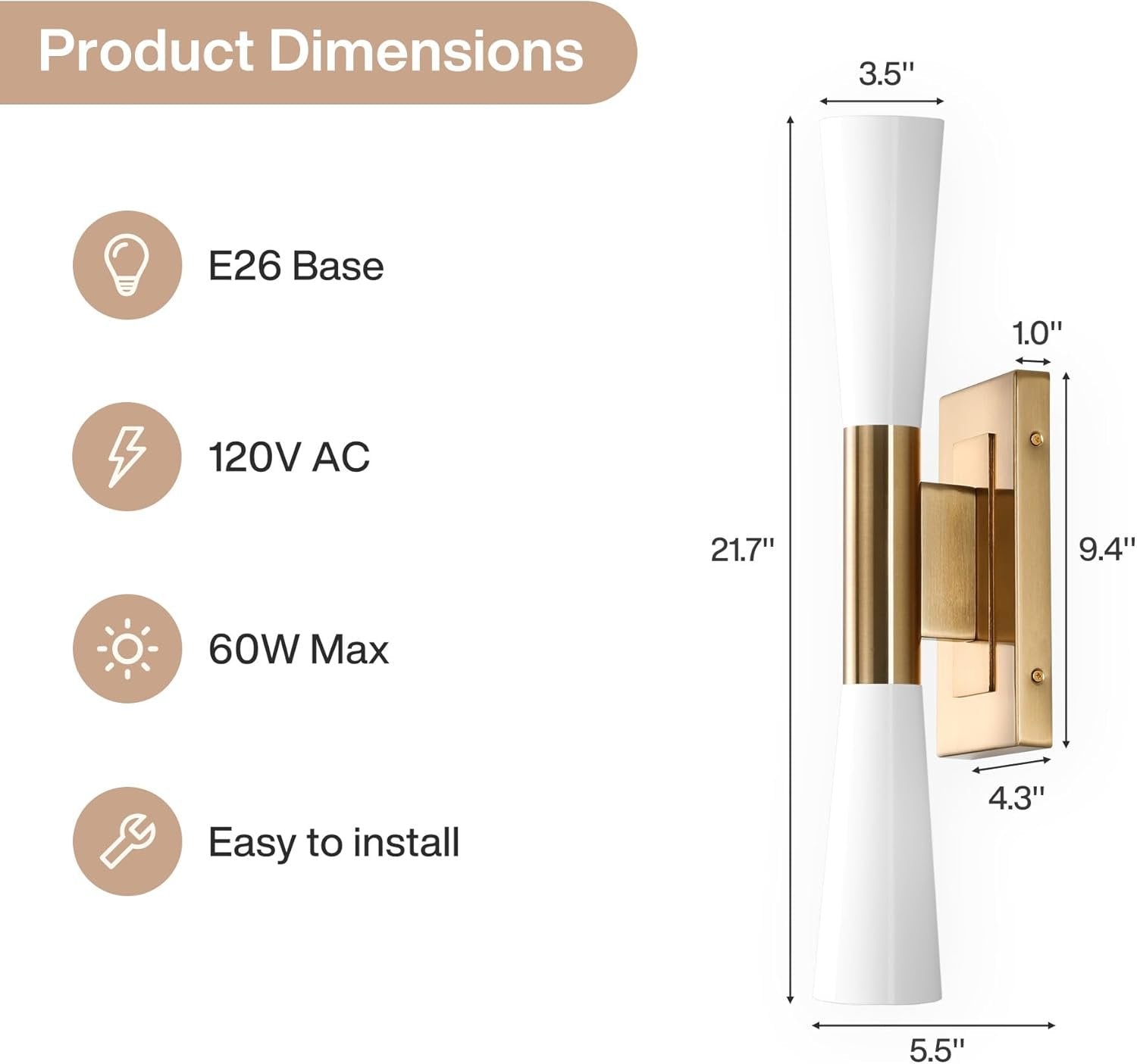 21.7" 2-Light Wall Sconces, Modern Wall Light Fixture with Frosted Glass Shade for Living Room