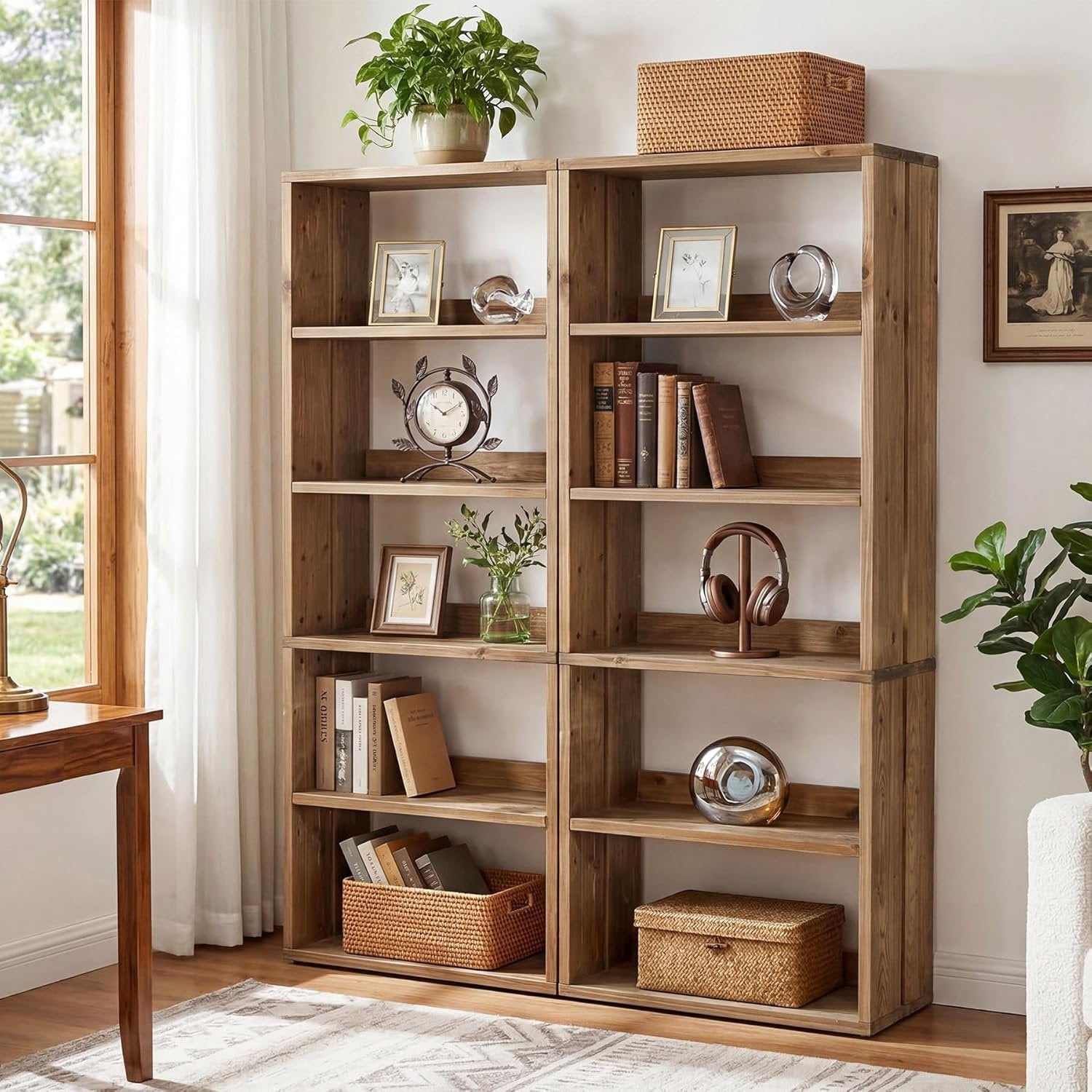 70.8" Tall Bookcase,5-Tier Solid Wood Bookshelf Display Rack for Living Room