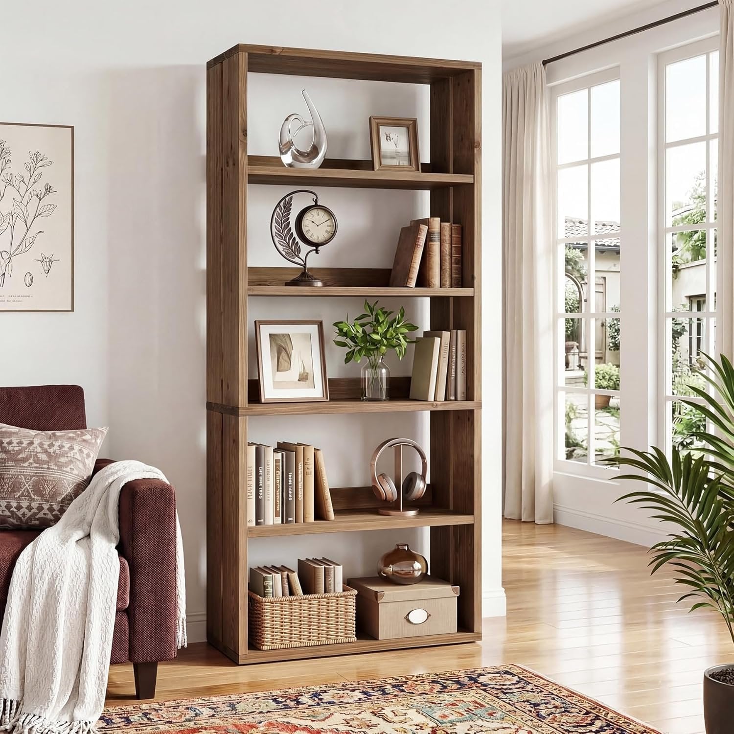 70.8" Tall Bookcase,5-Tier Solid Wood Bookshelf Display Rack for Living Room