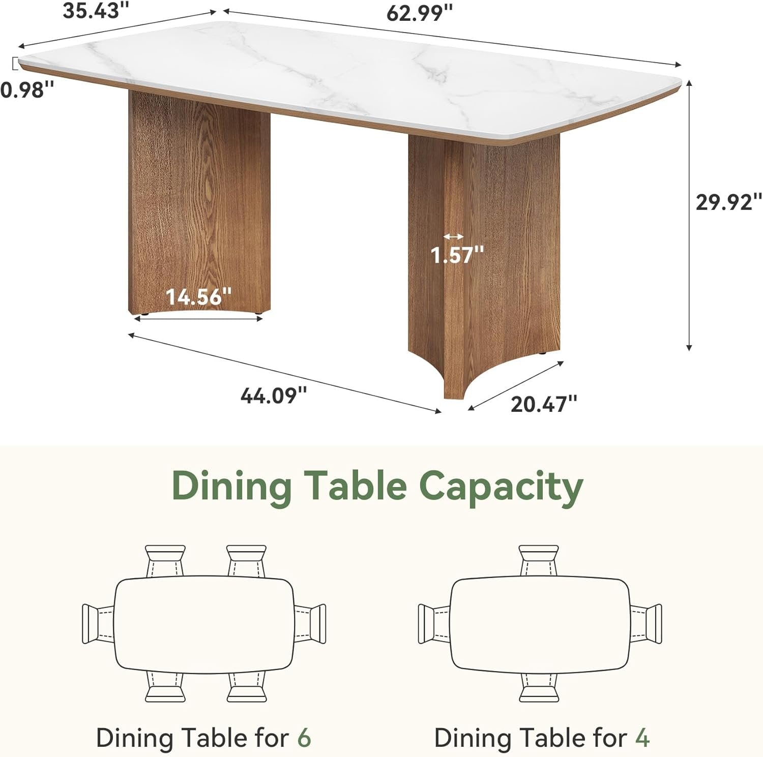 63" Sintered Stone Dining Table, Rectangular Kitchen Table with Solid Wood Dual-Pedestal for 6(Only Table)