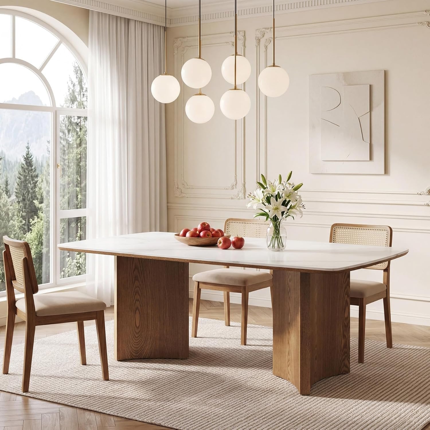 63" Sintered Stone Dining Table, Rectangular Kitchen Table with Solid Wood Dual-Pedestal for 6(Only Table)