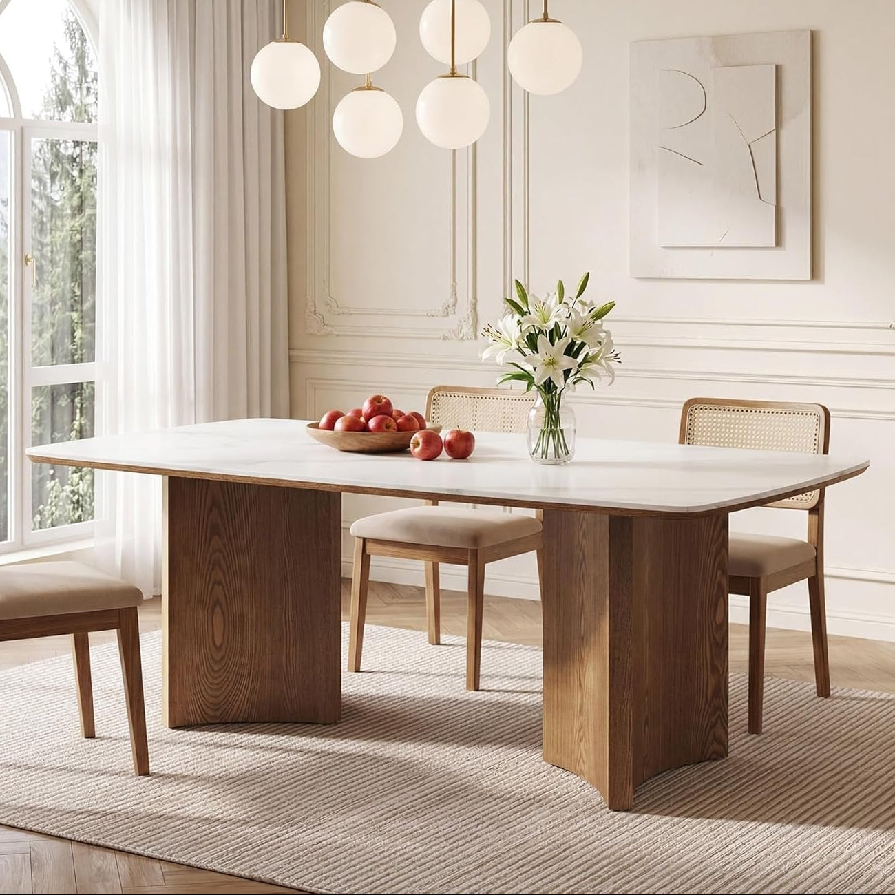 63-inch rectangular stone top dining table for six in a modern dining room