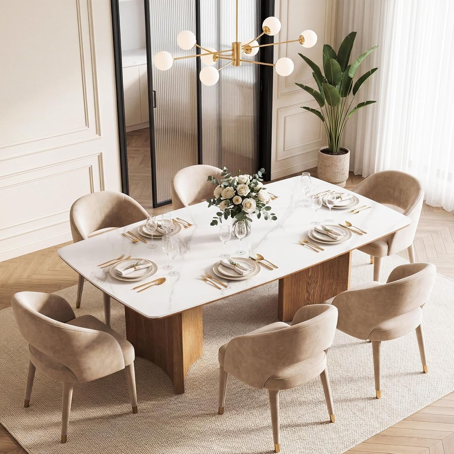 63" Sintered Stone Dining Table, Rectangular Kitchen Table with Solid Wood Dual-Pedestal for 6(Only Table)