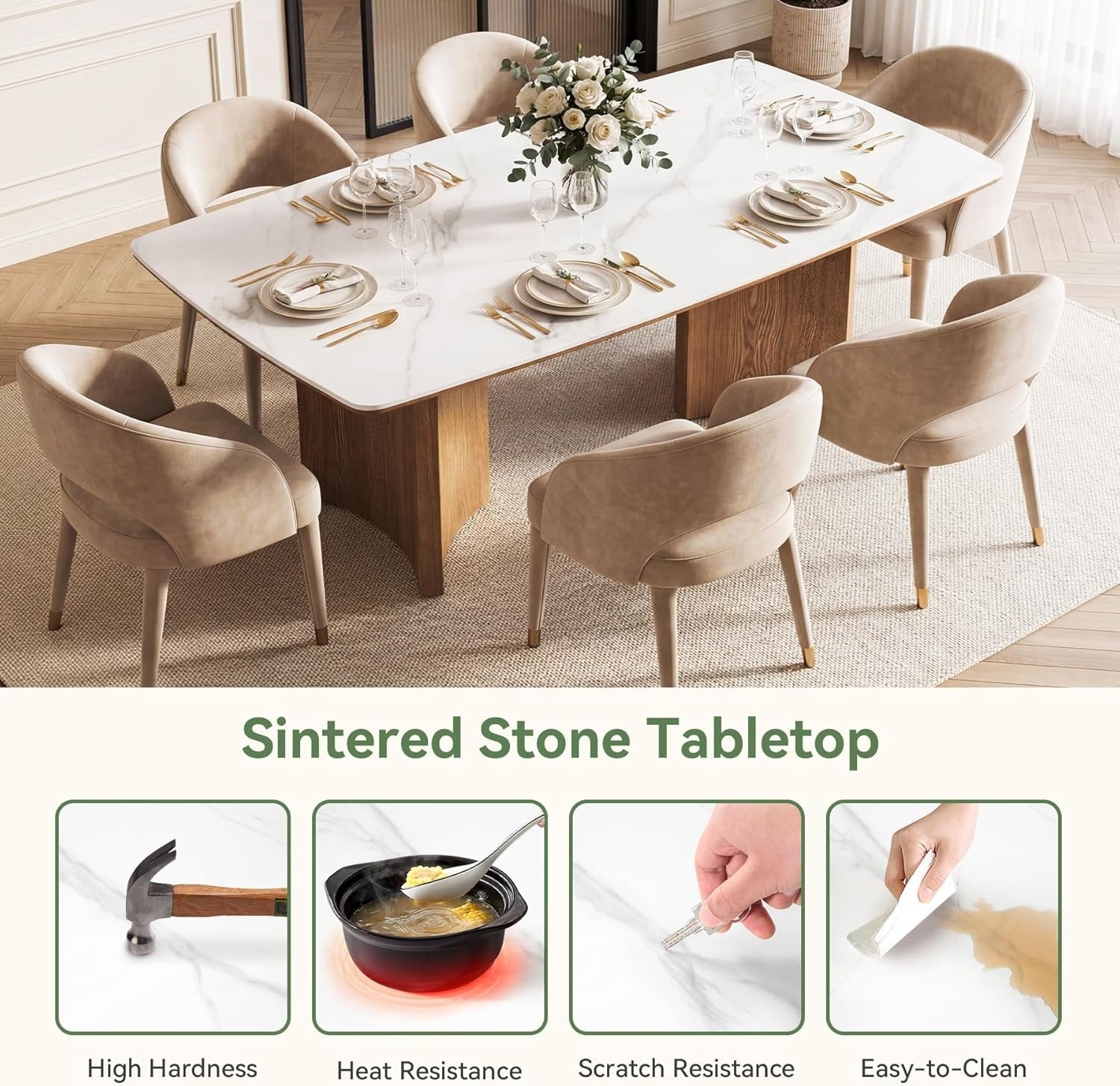 63" Sintered Stone Dining Table, Rectangular Kitchen Table with Solid Wood Dual-Pedestal for 6(Only Table)