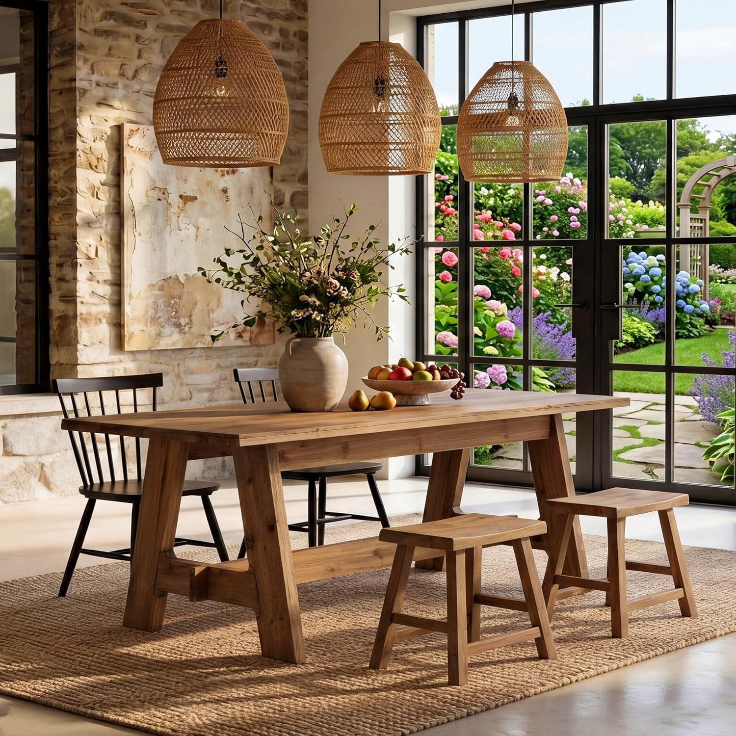 63" Farmhouse Dining Table , Natural Wood Rectangle Kitchen Table with Sturdy Trestle Base for 4-6