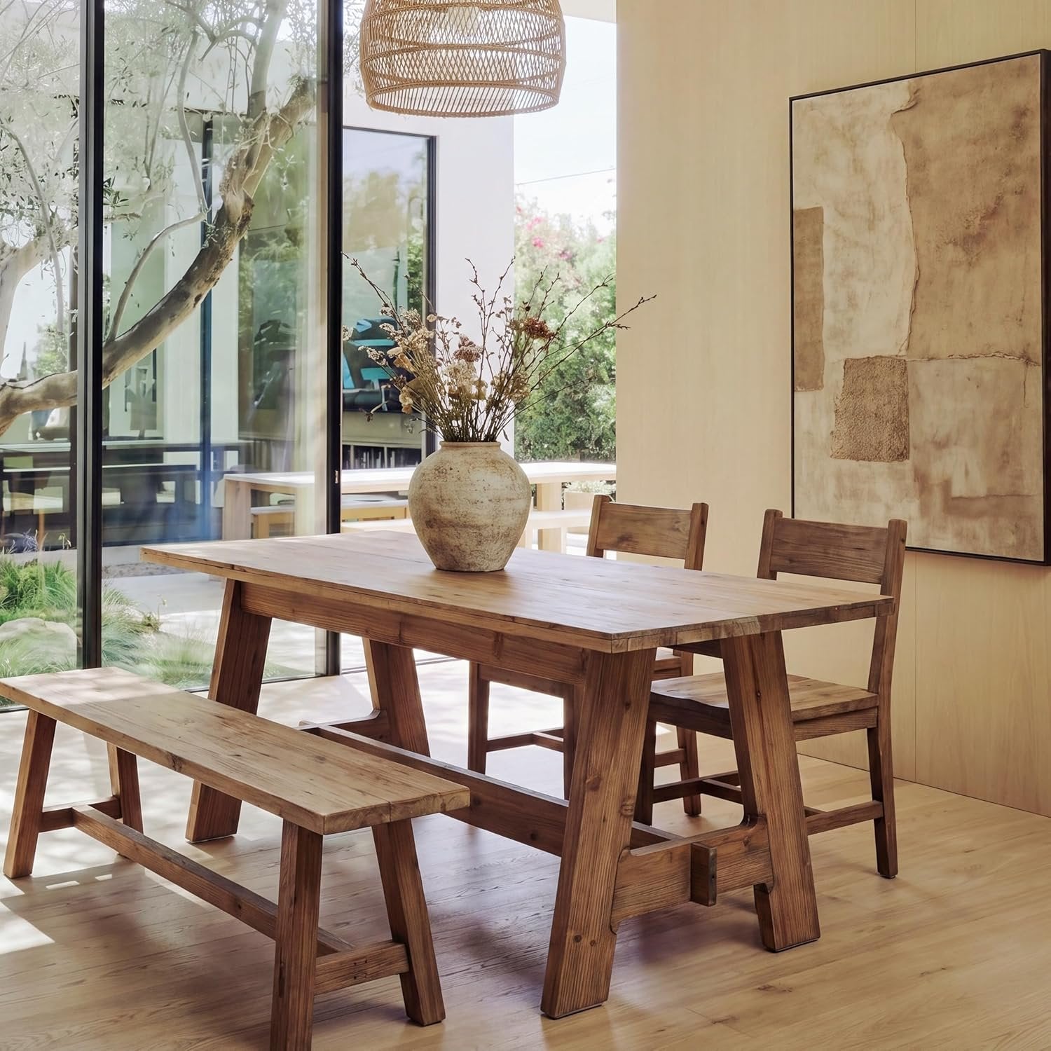 63" Farmhouse Dining Table , Natural Wood Rectangle Kitchen Table with Sturdy Trestle Base for 4-6