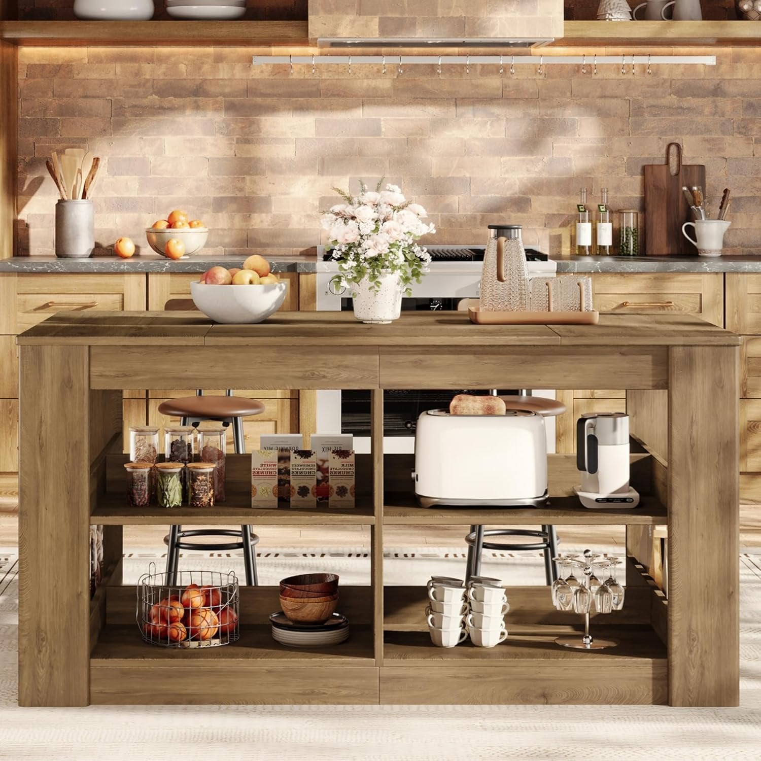 63" Farmhouse Kitchen Island, 3-Tier Stationary Island Table Coffee Bar Table with Large Worktop