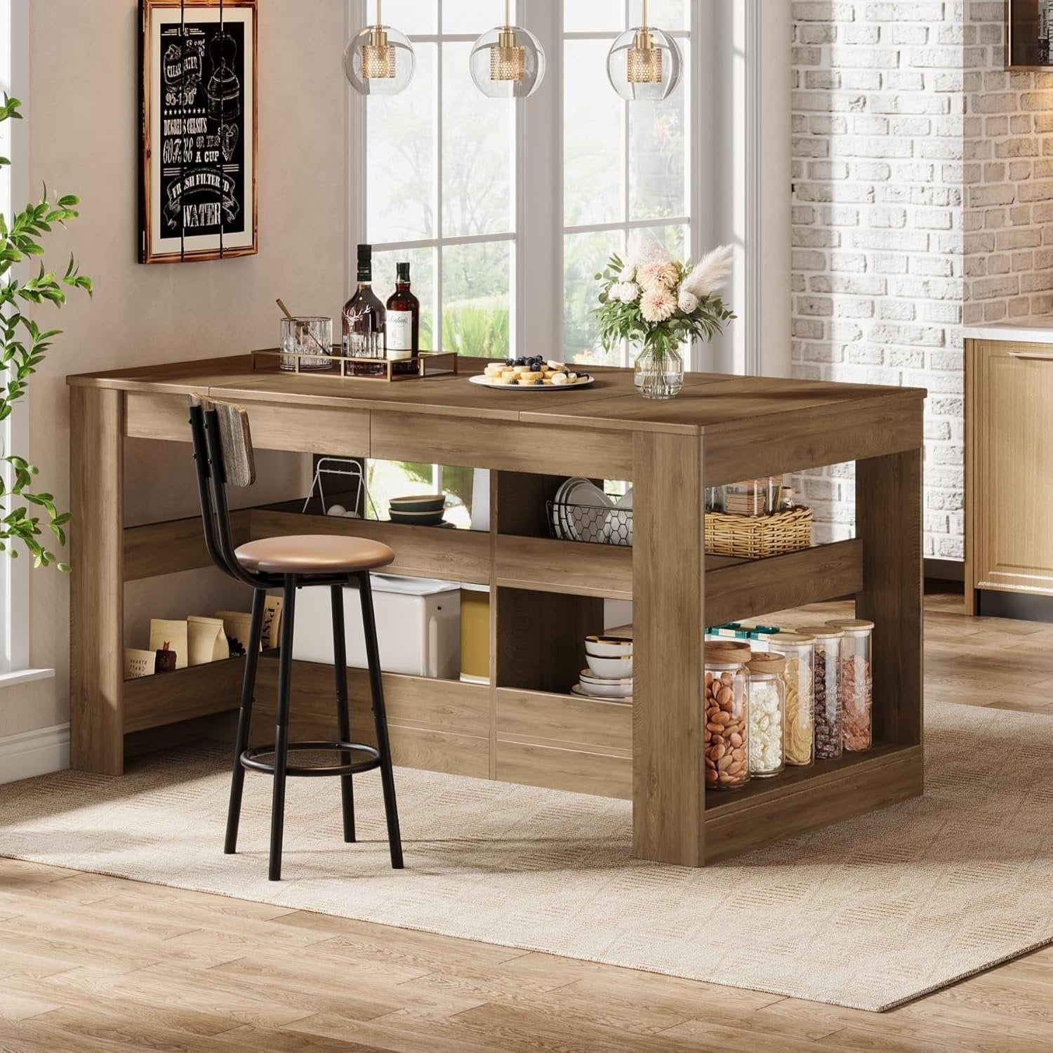 63" Farmhouse Kitchen Island, 3-Tier Stationary Island Table Coffee Bar Table with Large Worktop