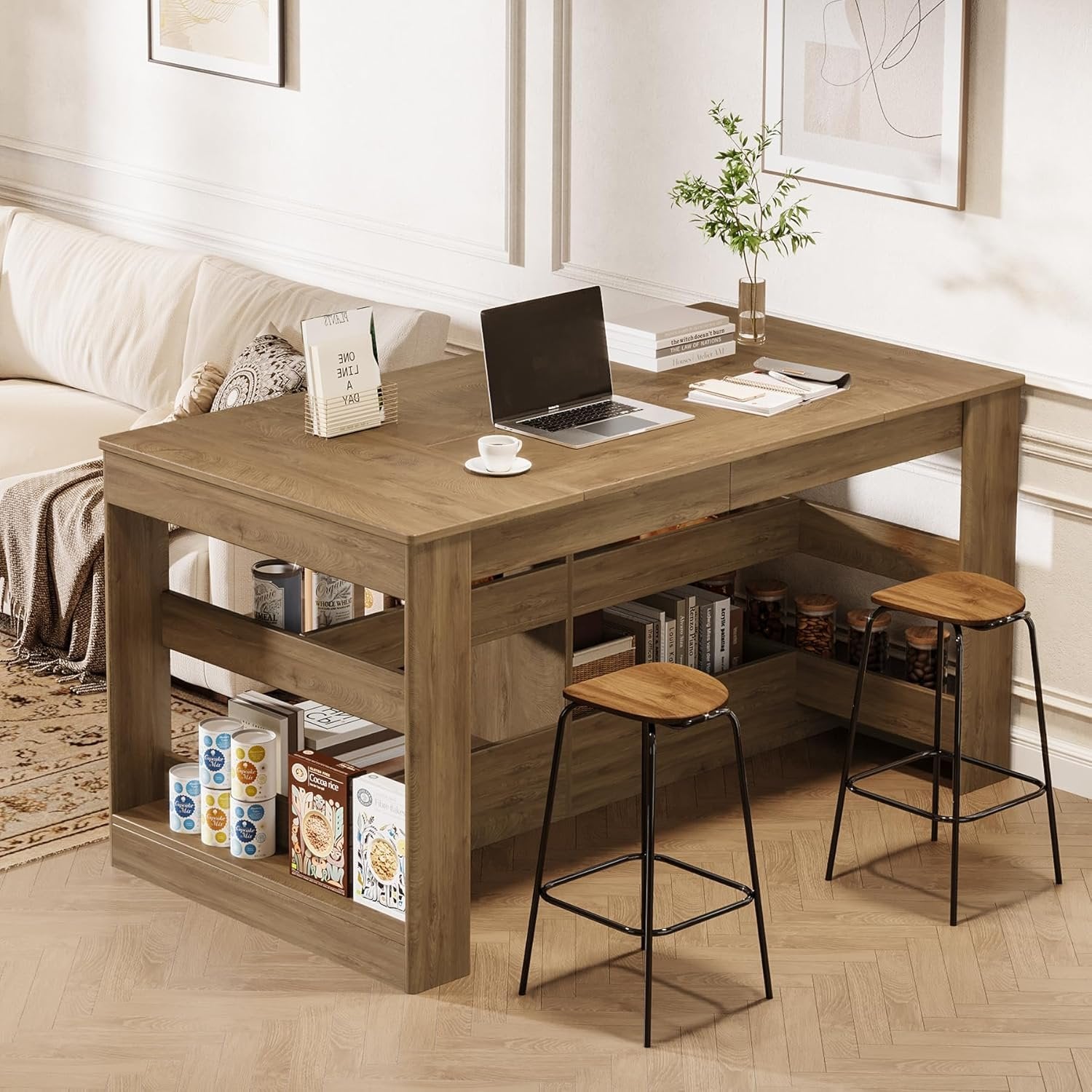 63" Farmhouse Kitchen Island, 3-Tier Stationary Island Table Coffee Bar Table with Large Worktop