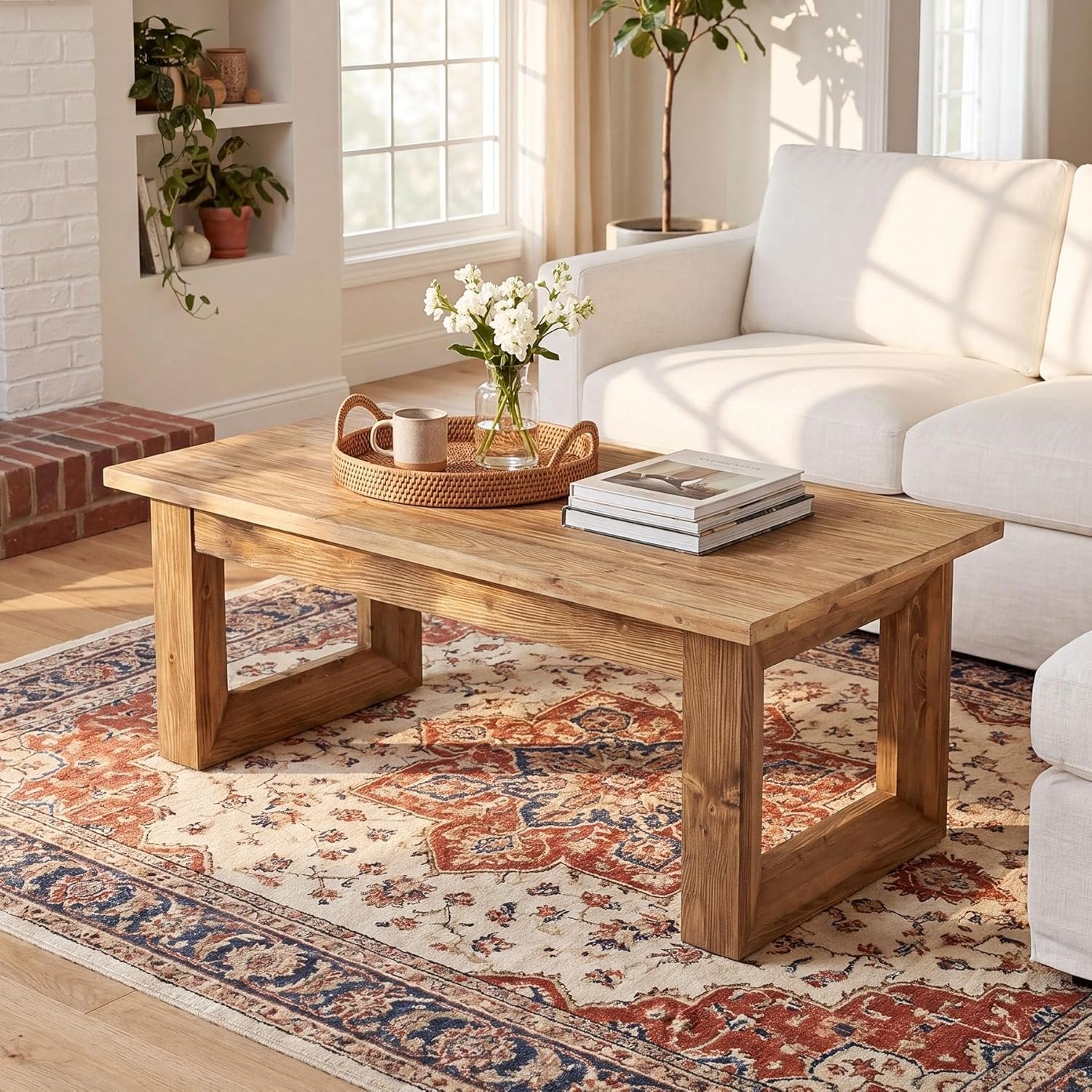 47.2" Solid Wood Coffee Table, Rectangular Accent Center Cocktail Table with U-Shape Legs