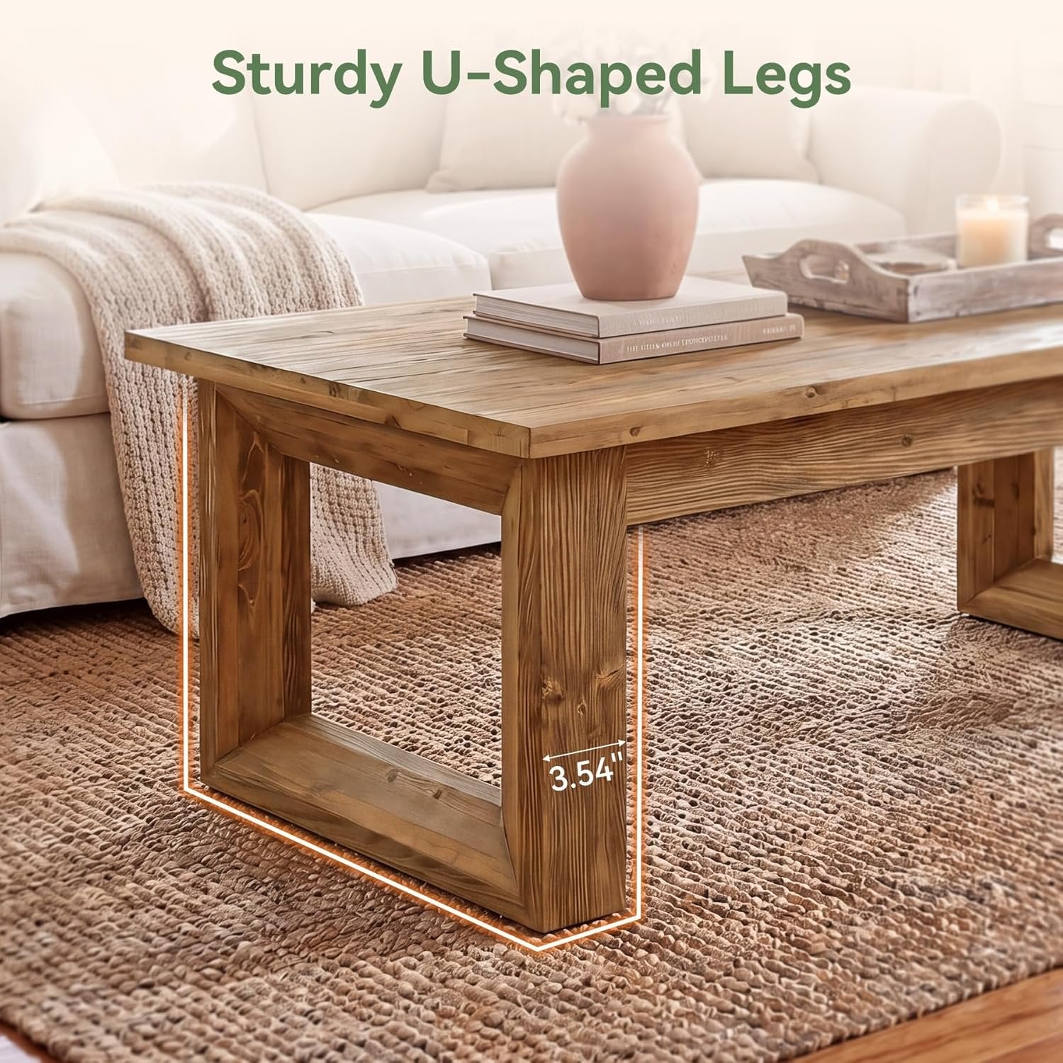 47.2" Solid Wood Coffee Table, Rectangular Accent Center Cocktail Table with U-Shape Legs