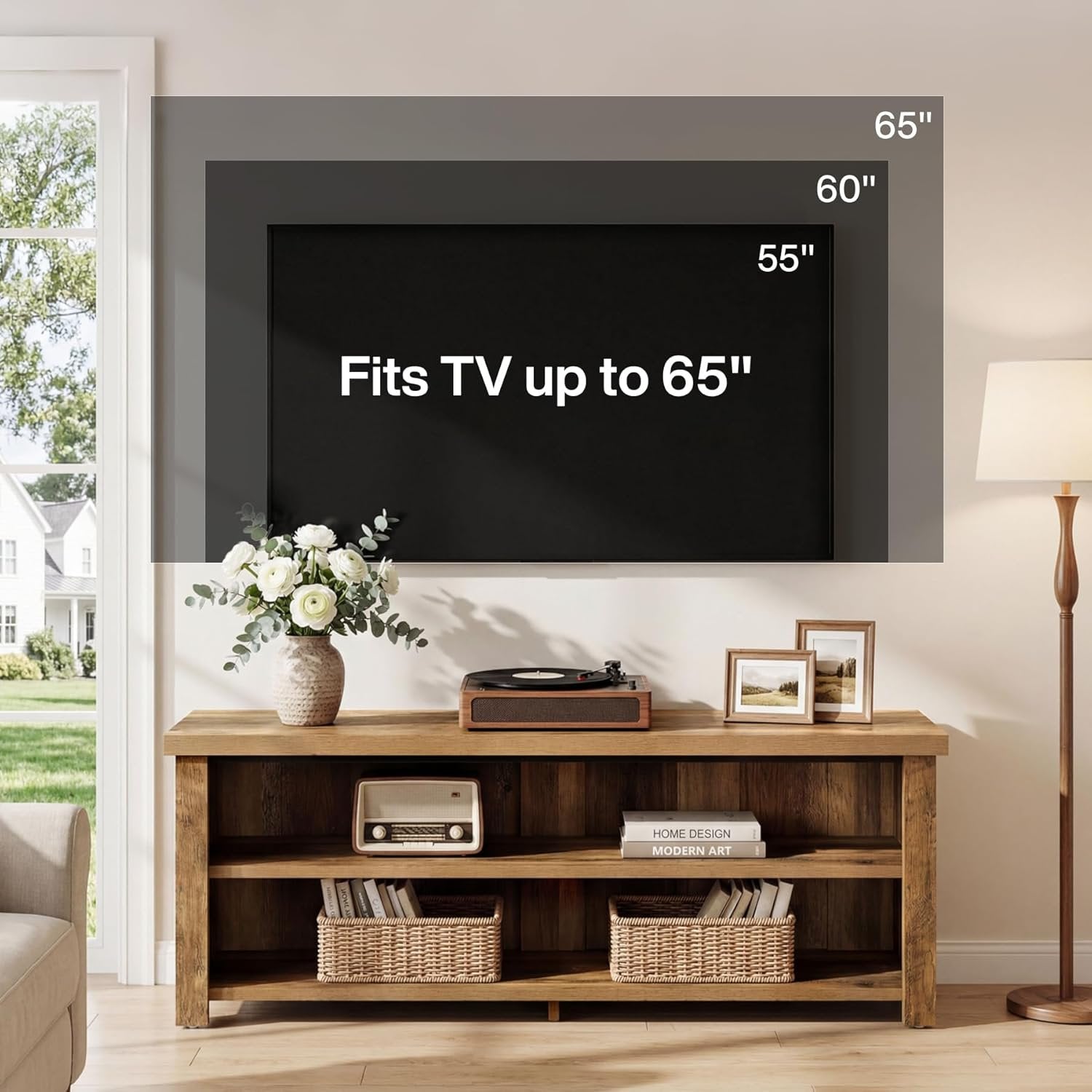 55.1" Farmhouse TV Stand, 2-Tier Media Console Entertainment Center for 55/60/65-Inch TVs