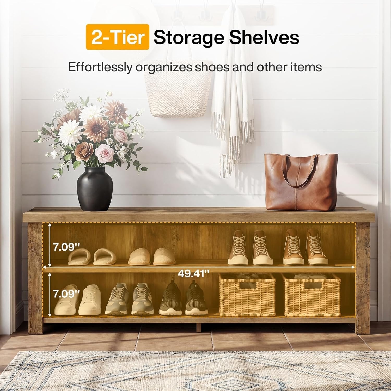 55.1" Entryway Bench with Storage, 2-Tier Farmhouse Shoe Storage Rack for Entryway