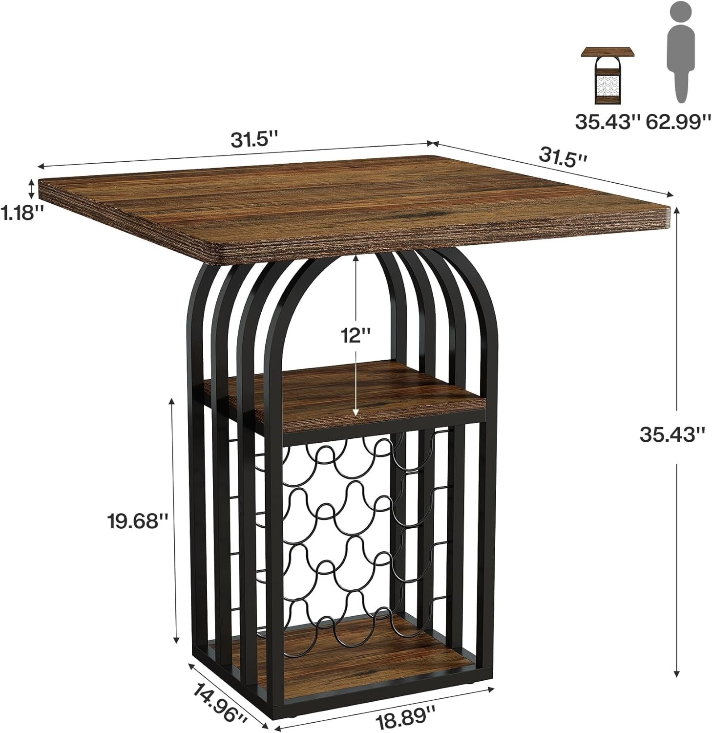 31.5" Square Bar Table, Bistro Pub Table Cocktail Home Bar Unit with 4-Tier Wine Rack Storage