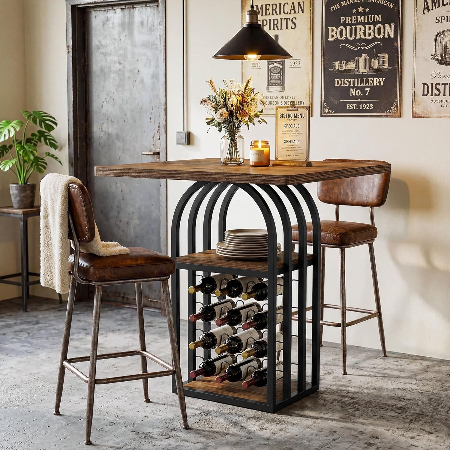 31.5" Square Bar Table, Bistro Pub Table Cocktail Home Bar Unit with 4-Tier Wine Rack Storage