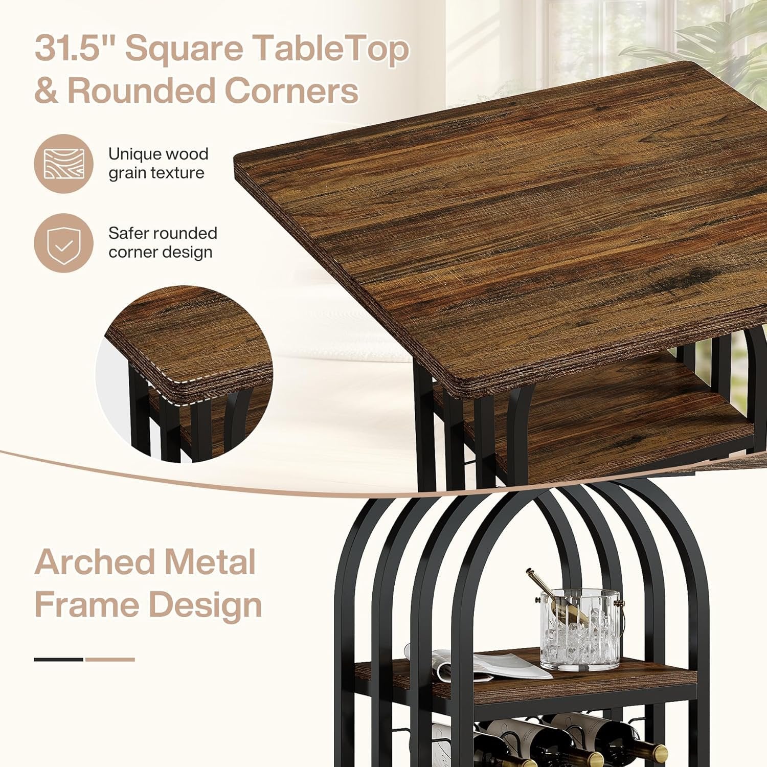 31.5" Square Bar Table, Bistro Pub Table Cocktail Home Bar Unit with 4-Tier Wine Rack Storage