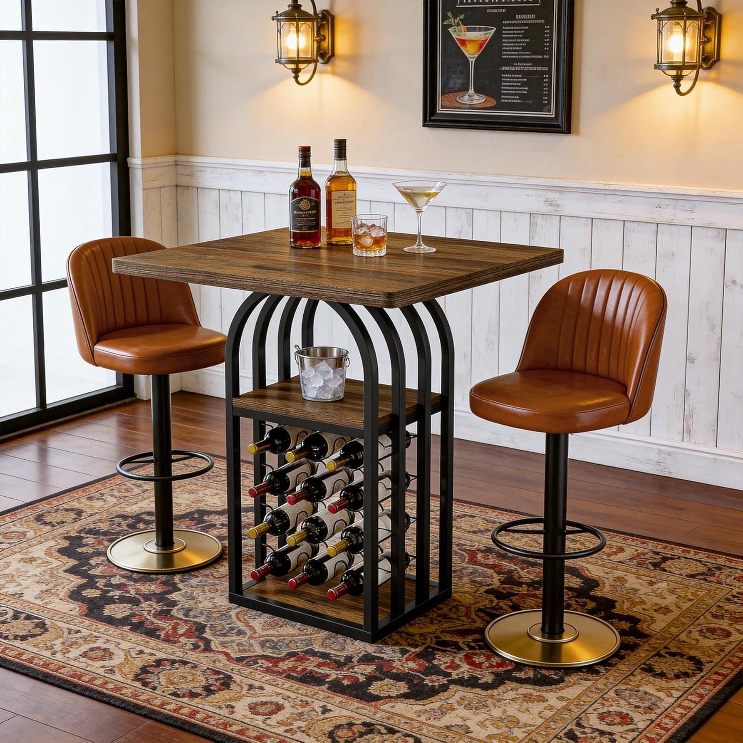 31.5" Square Bar Table, Bistro Pub Table Cocktail Home Bar Unit with 4-Tier Wine Rack Storage