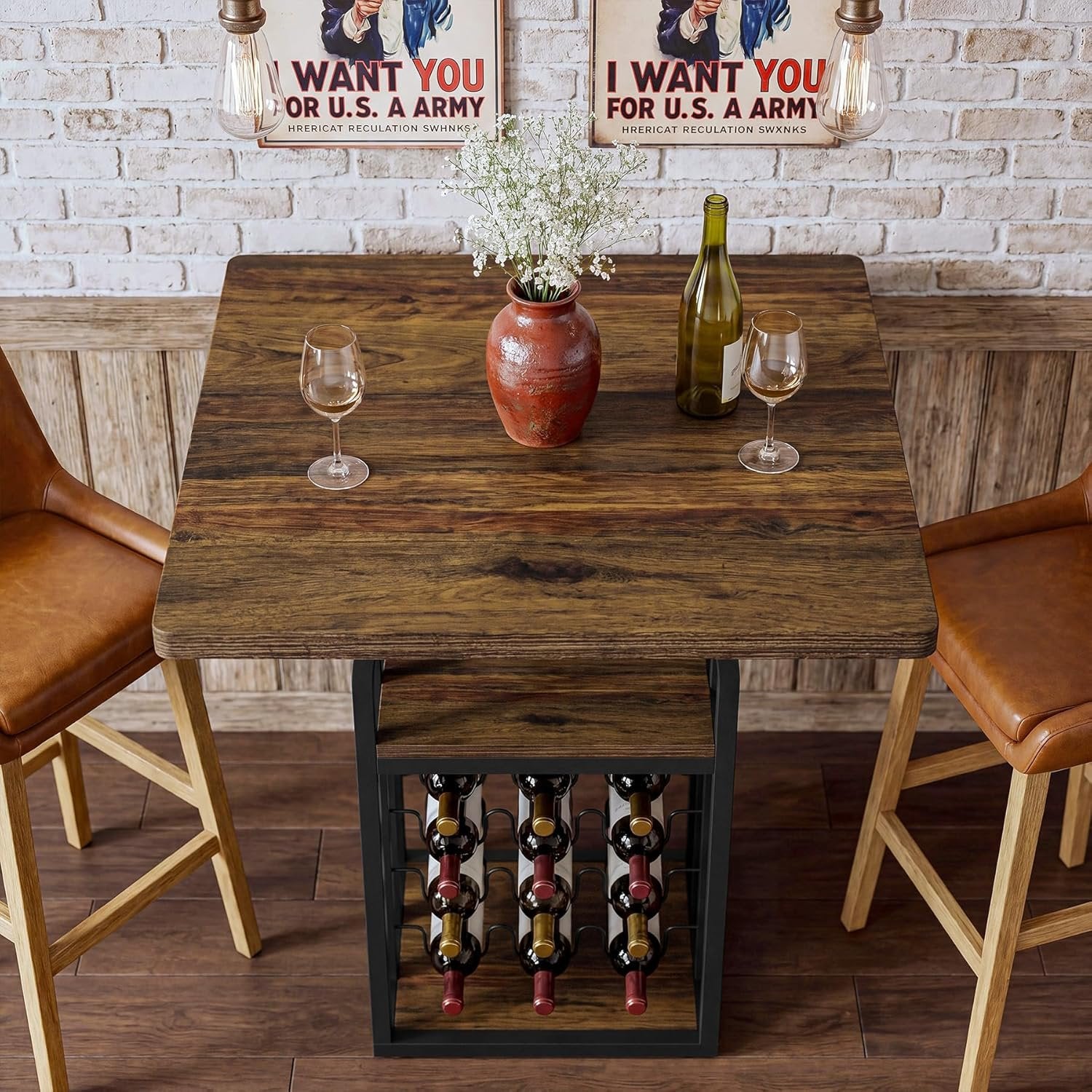 31.5" Square Bar Table, Bistro Pub Table Cocktail Home Bar Unit with 4-Tier Wine Rack Storage
