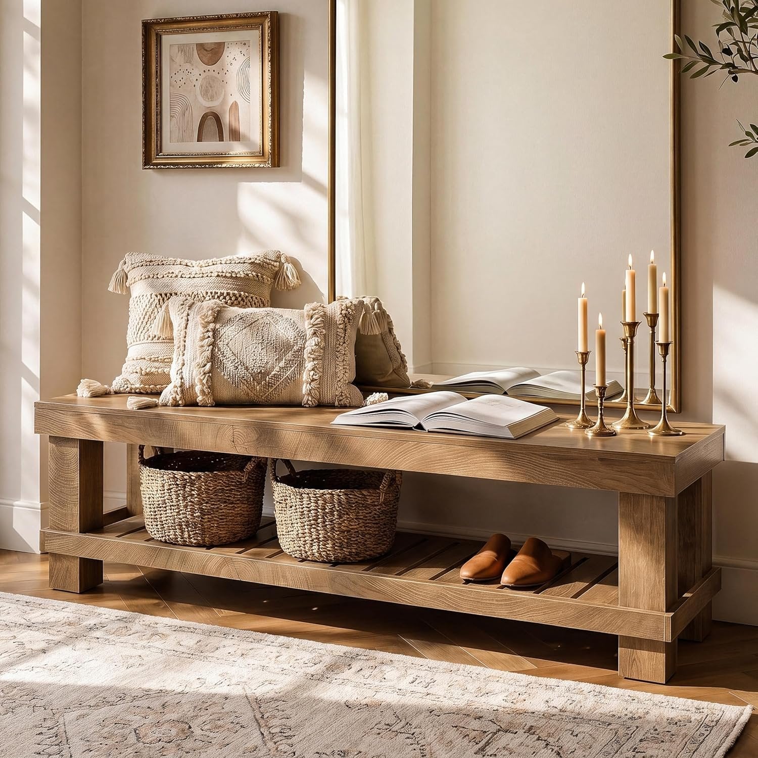 63" Farmhouse Entryway Shoe Bench, Long Dining Bench Seat with Slatted Shelf