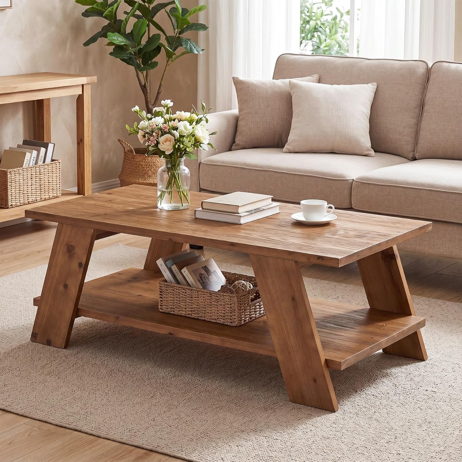 47" Solid Wood Coffee Table with 2-Tier Storage