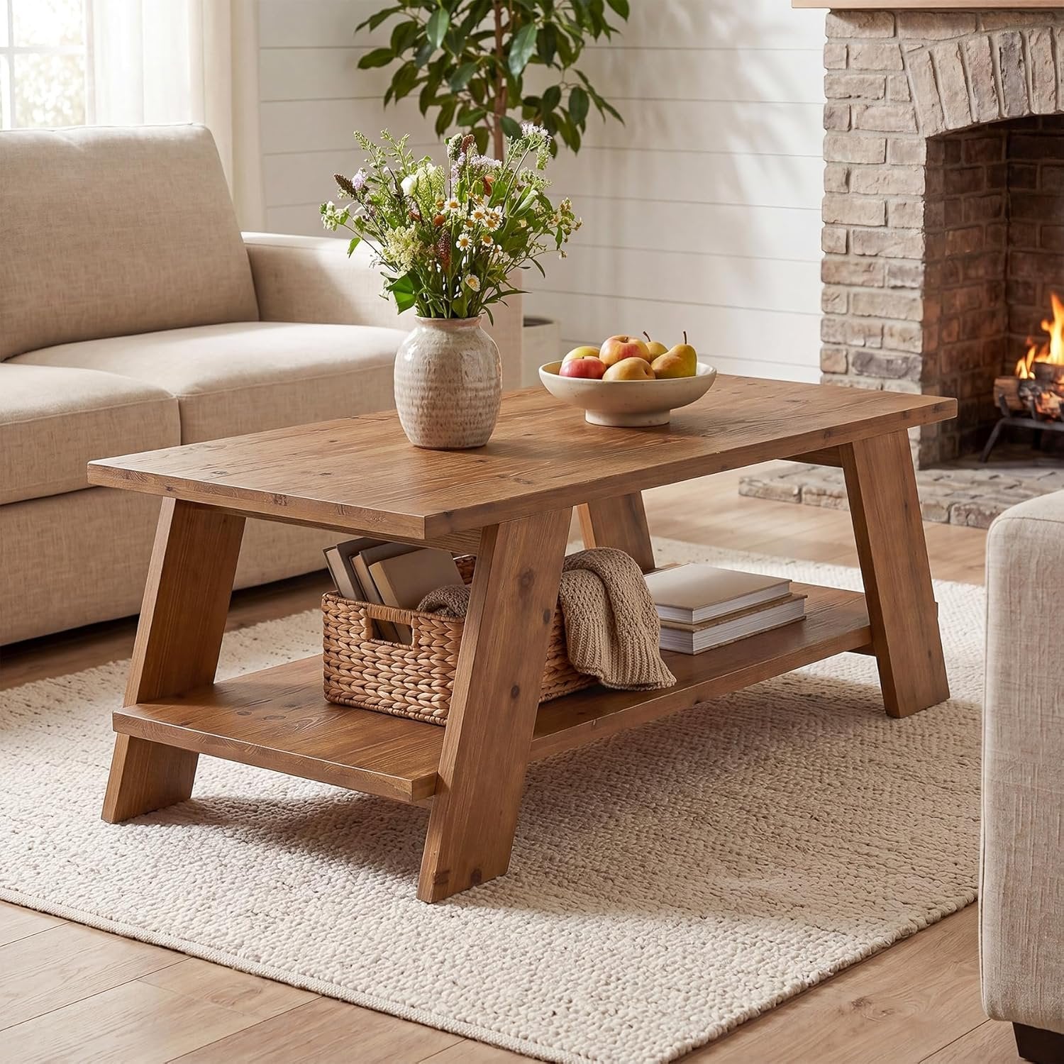 47" Solid Wood Coffee Table with 2-Tier Storage