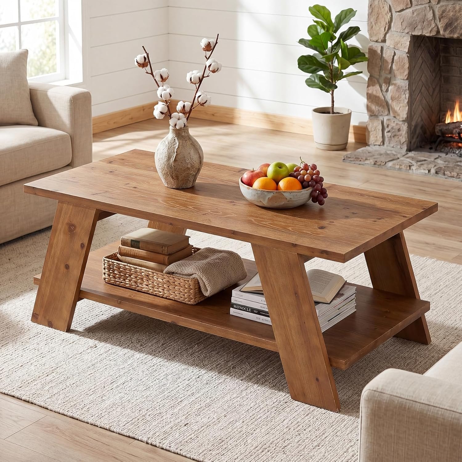 47" Solid Wood Coffee Table with 2-Tier Storage