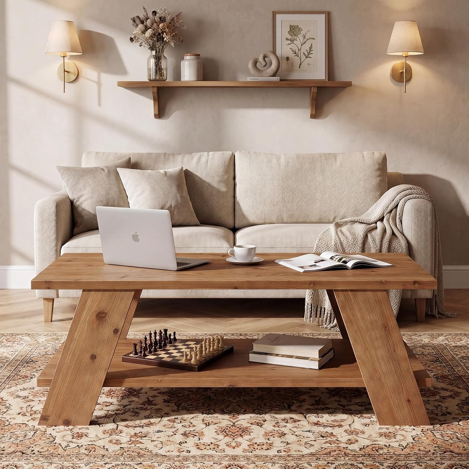 47" Solid Wood Coffee Table with 2-Tier Storage