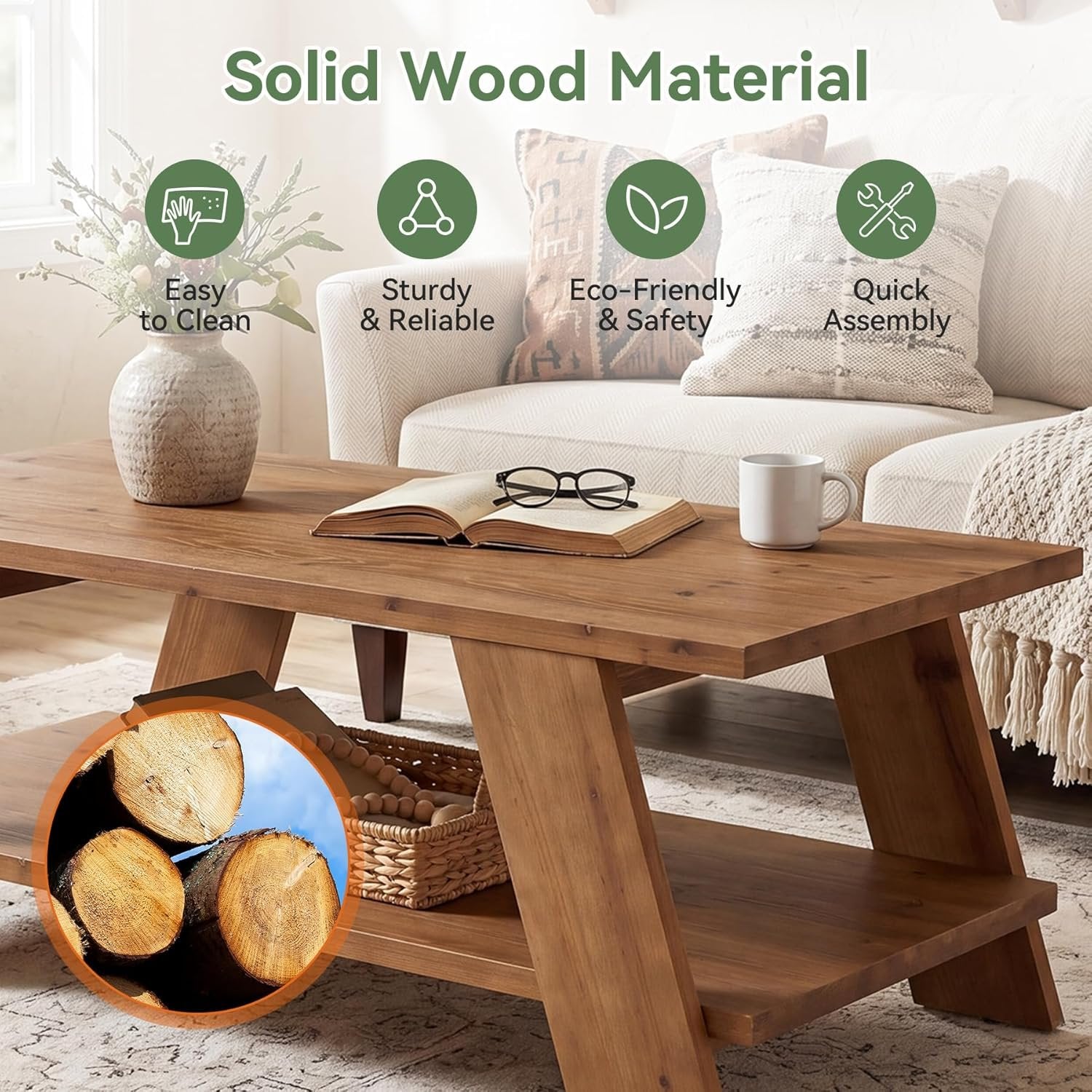 47" Solid Wood Coffee Table with 2-Tier Storage
