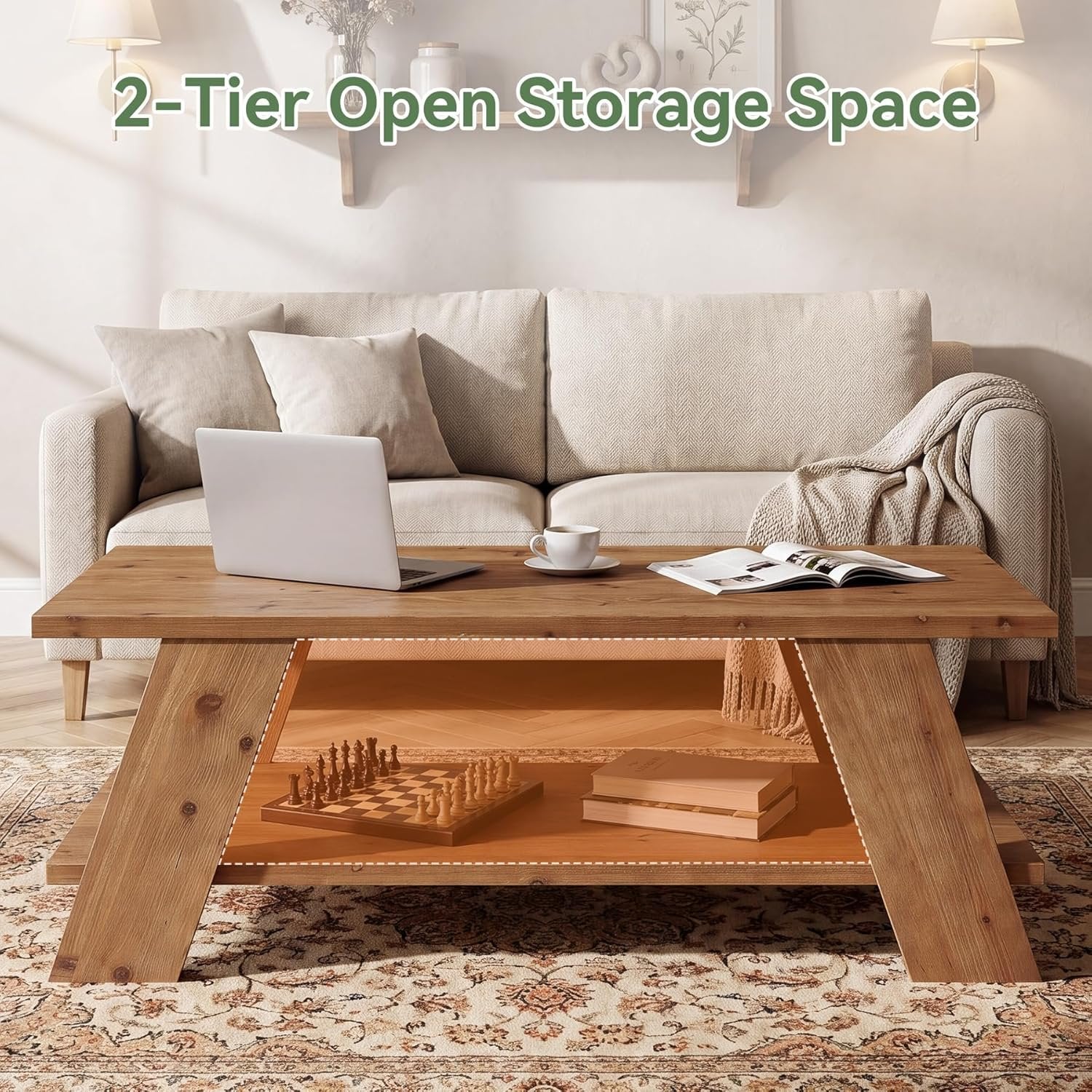 47" Solid Wood Coffee Table with 2-Tier Storage
