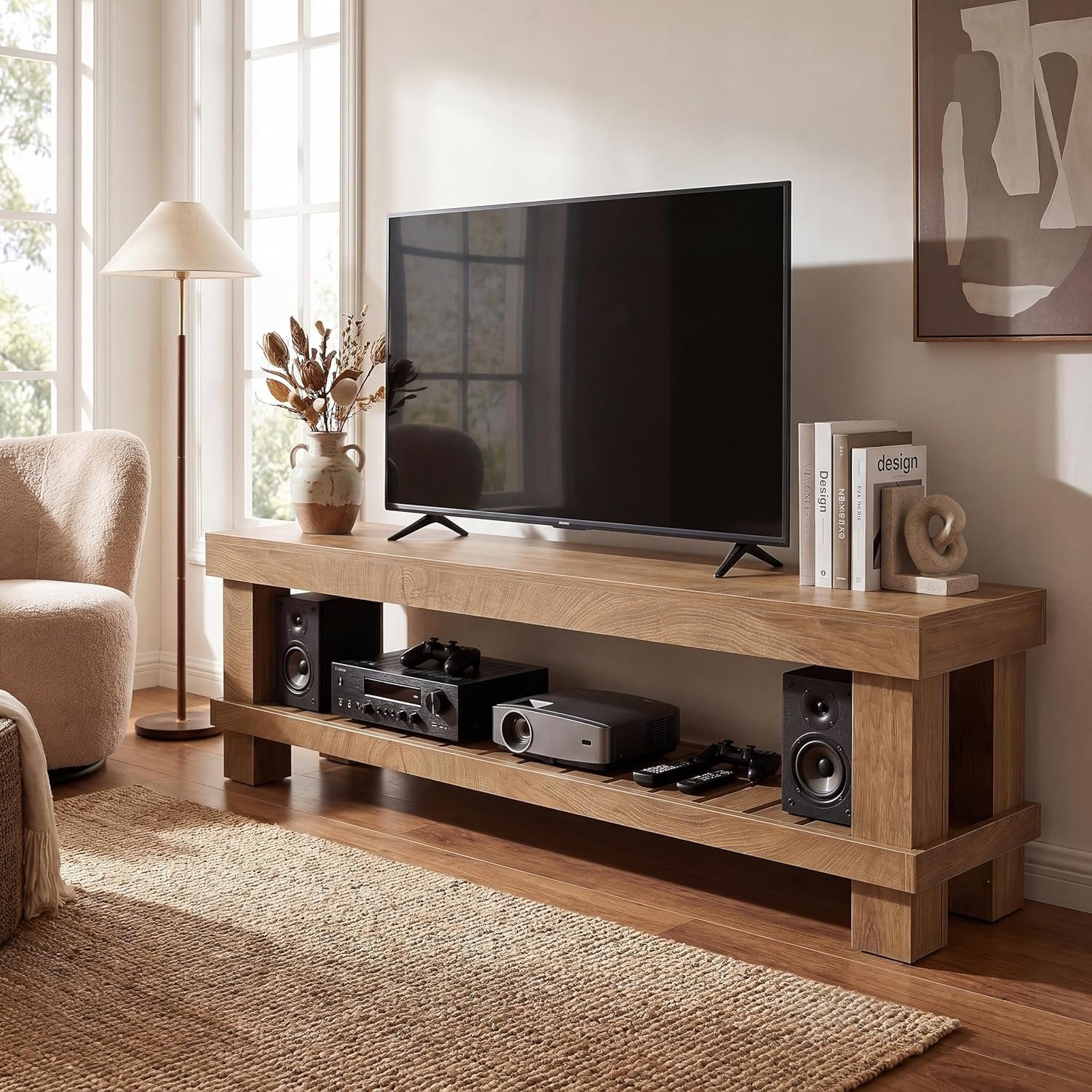 63" Farmhouse TV Stand, Media Entertainment Center Console with Slatted Open Shelf
