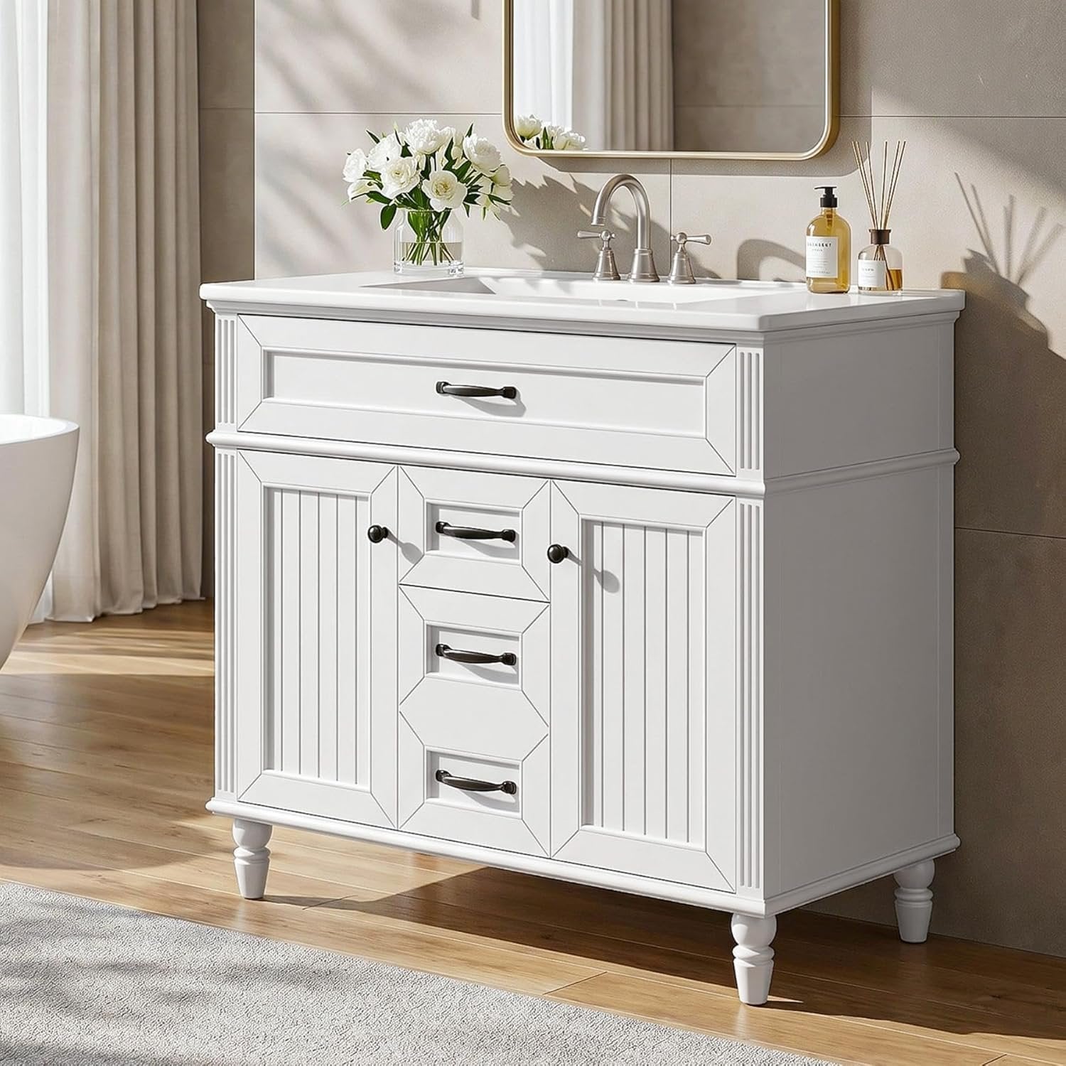 35" Solid Wood Bathroom Vanity, Freestanding Vanity Cabinet with Tip-Out Drawer