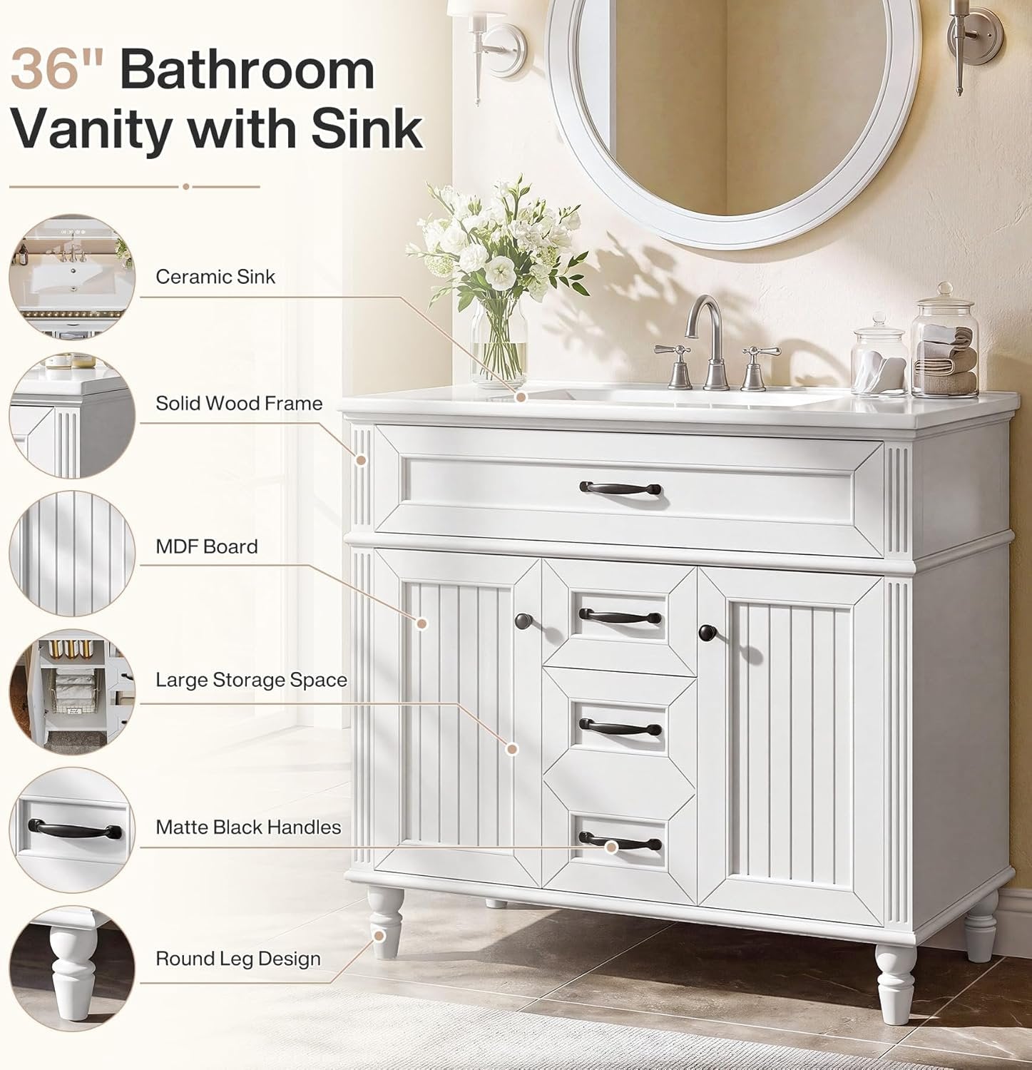 35" Solid Wood Bathroom Vanity, Freestanding Vanity Cabinet with Tip-Out Drawer