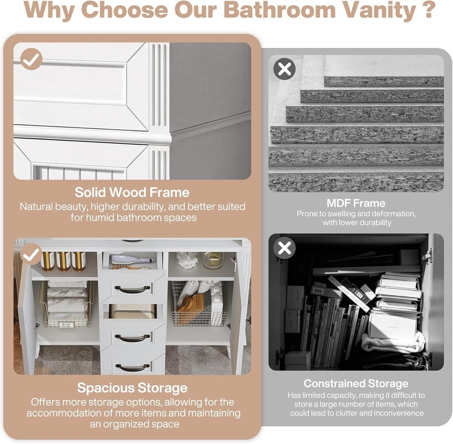 35" Solid Wood Bathroom Vanity, Freestanding Vanity Cabinet with Tip-Out Drawer
