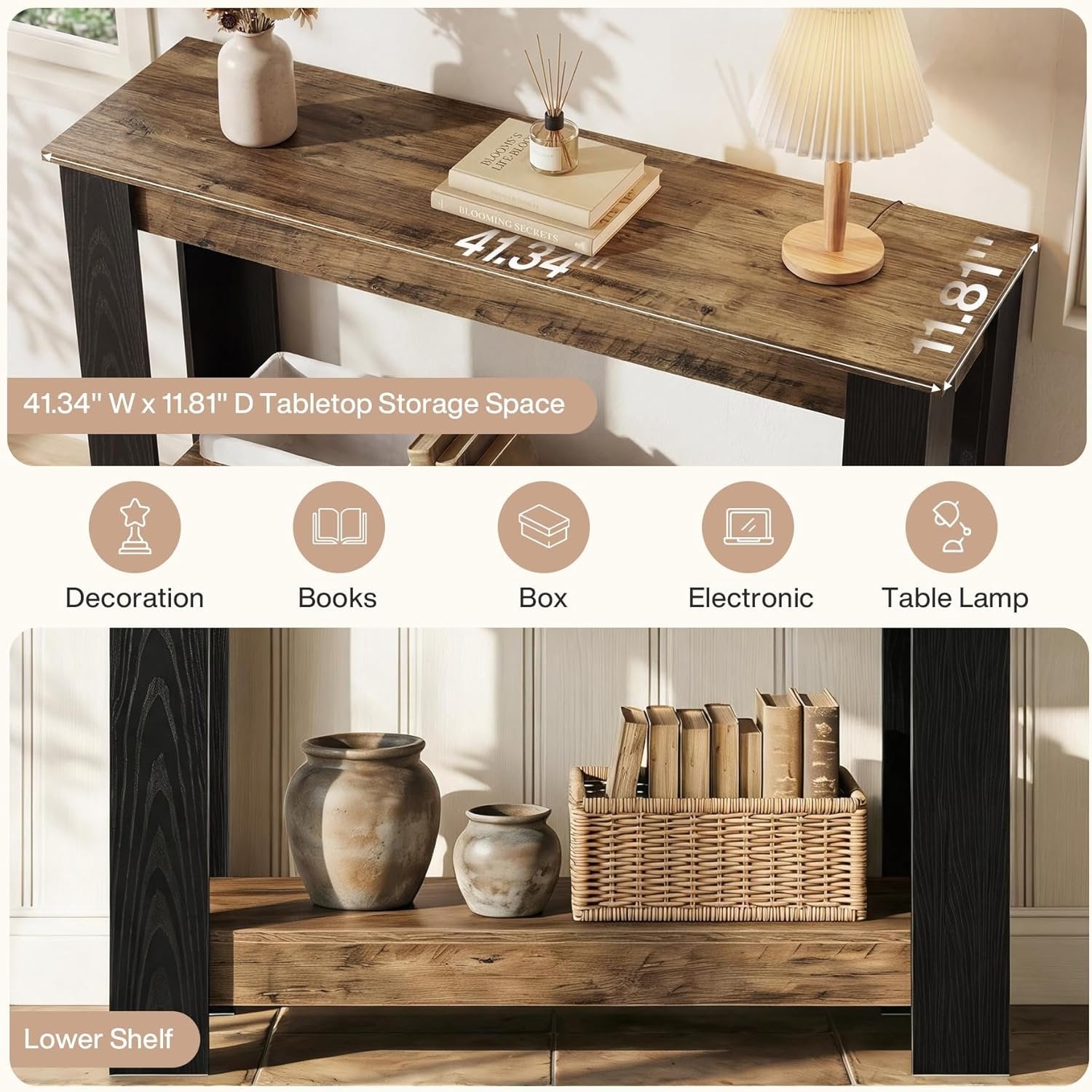41" Industrial Console Table, 2-Tier Narrow Sofa Table Accent Furniture