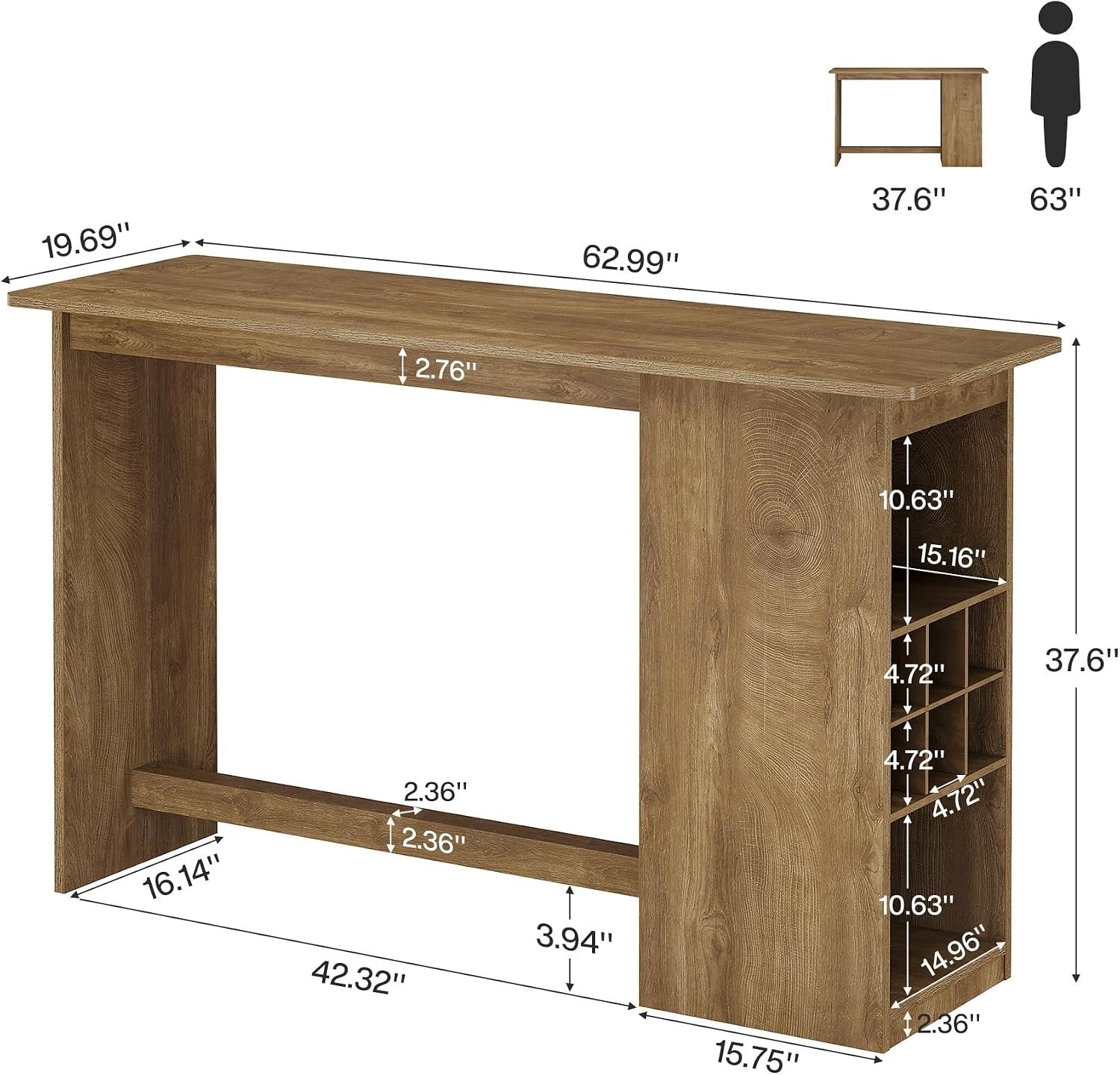 63" Long Bar Table, Counter Height Pub Table with Built-in Wine Storage for Home Bar