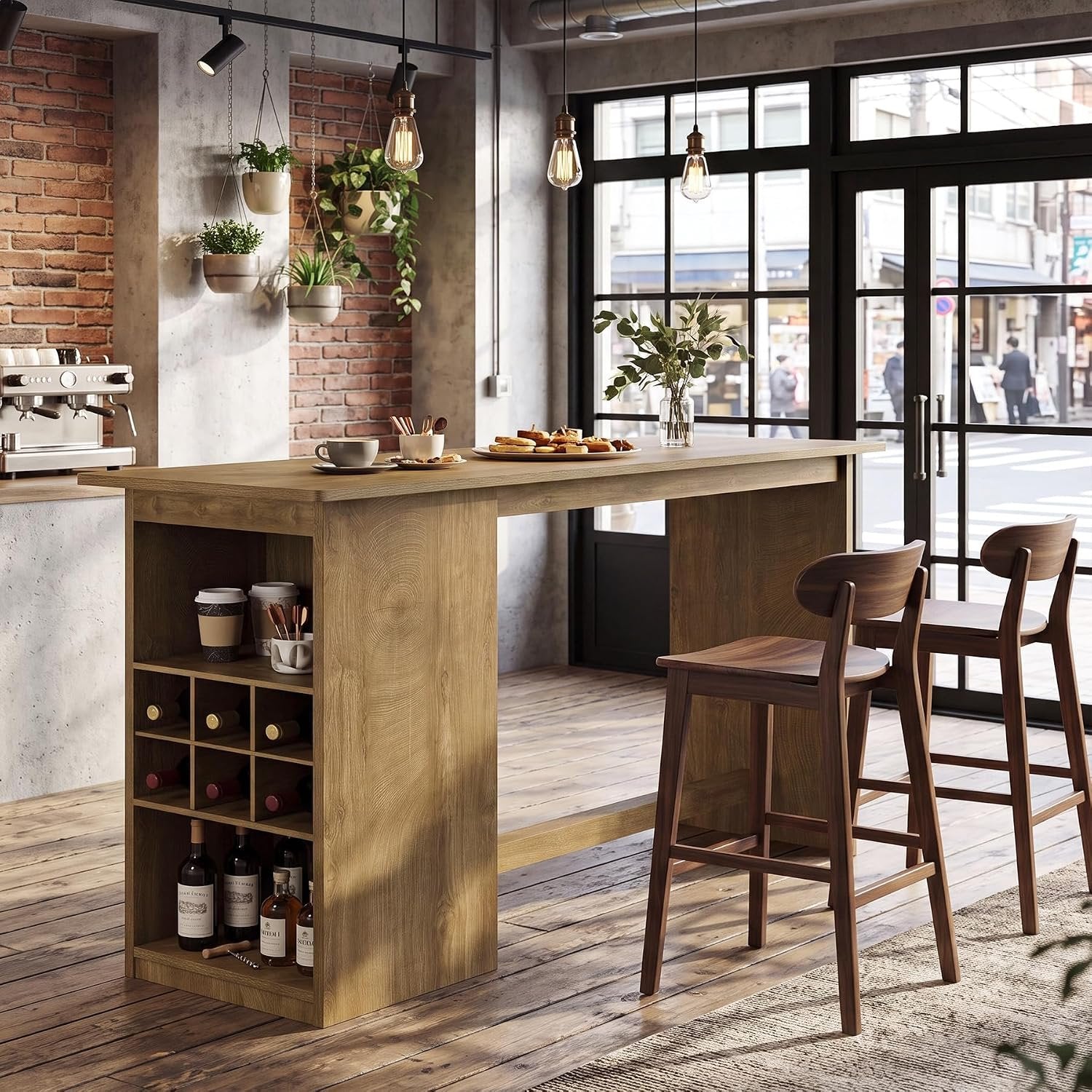 63" Long Bar Table, Counter Height Pub Table with Built-in Wine Storage for Home Bar
